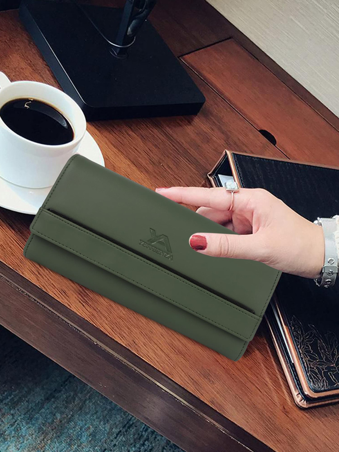 YESSBENZA Green & Gold-Toned Tasselled Envelope Clutch