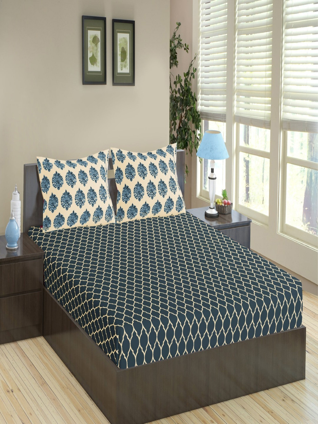 Trance Home Linen Dori & Damask Blue Ethnic Motifs Cotton 200 TC Queen Fine Bedsheet with 2 Pillow Covers-75 x 72 inches