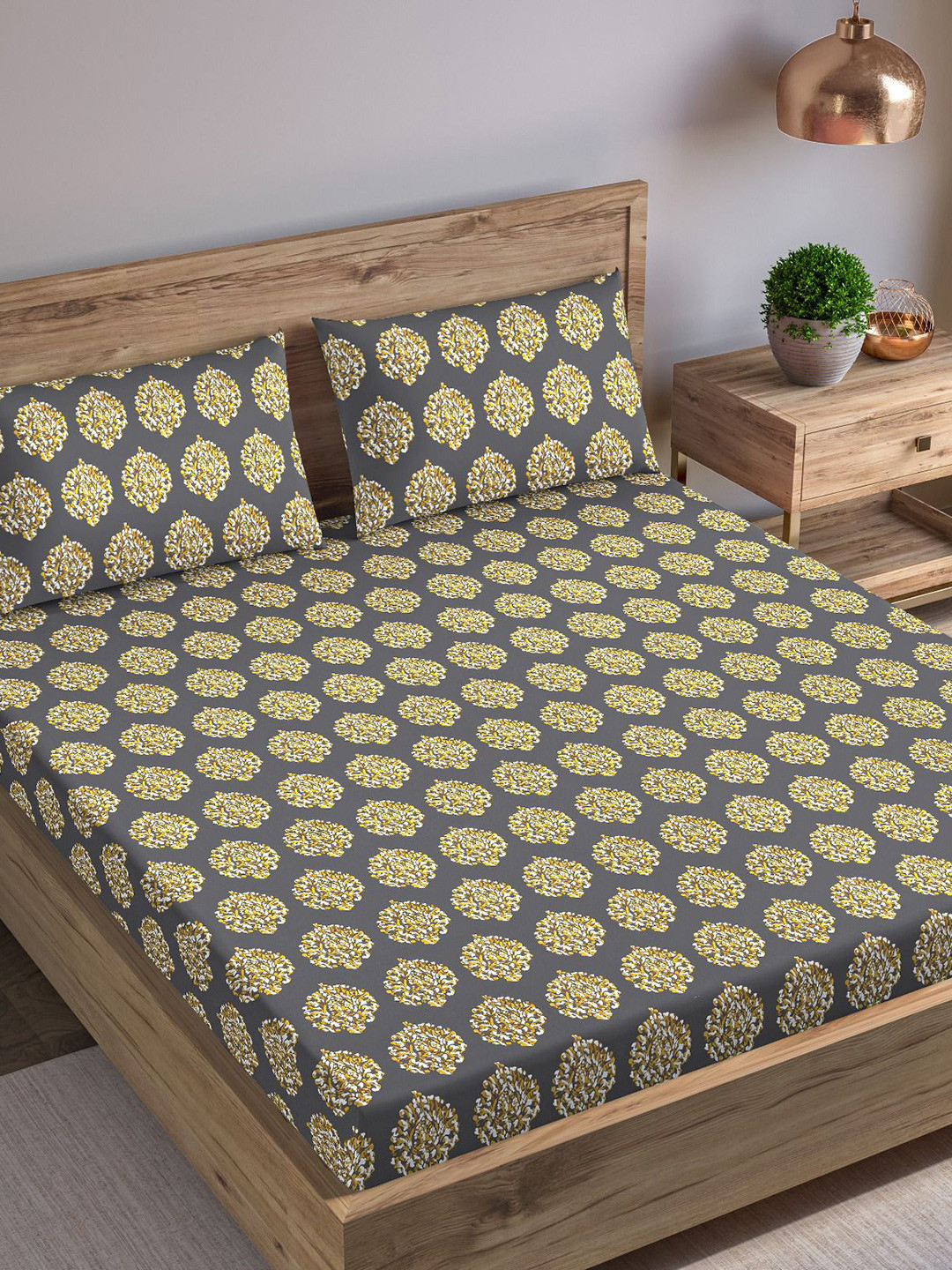 Trance Home Linen Damask Mustard Ethnic Motifs Cotton 210 TC Queen Fine Bedsheet with 2 Pillow Covers-228 x 254 cm