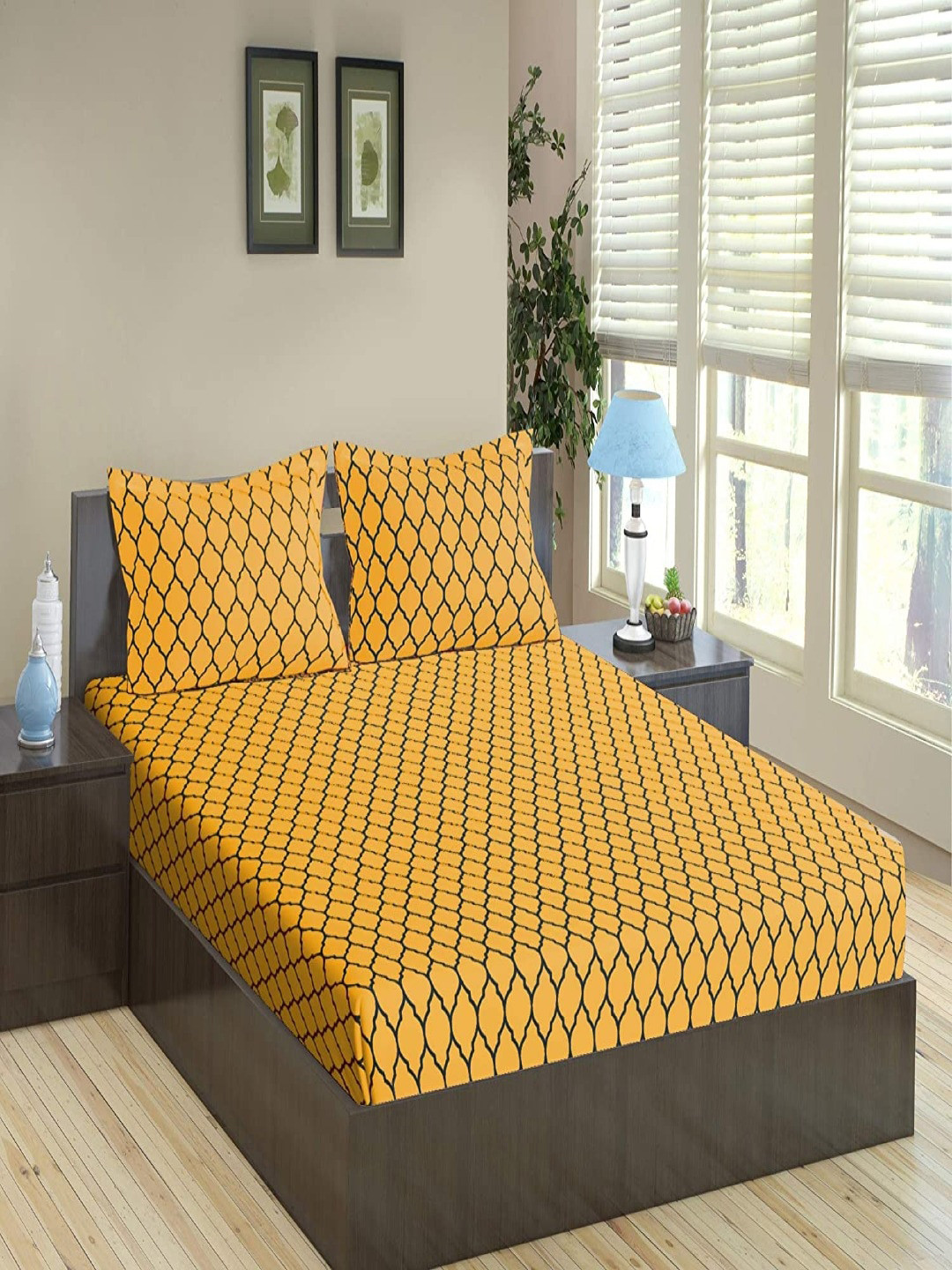 Trance Home Linen Dori Mustard Geometric Cotton 200 TC Queen Fine Bedsheet with 2 Pillow Covers-218 x 264 cm