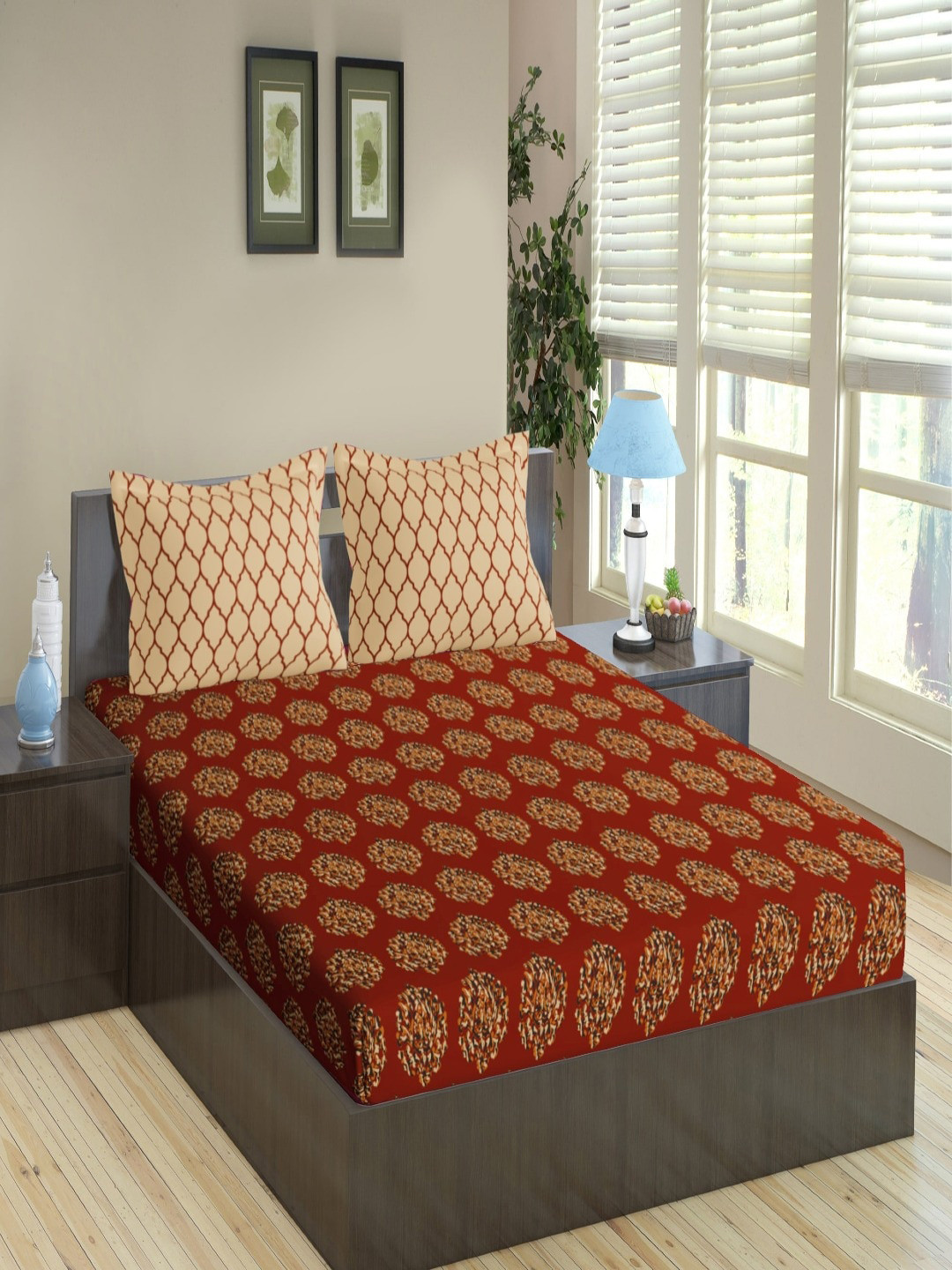 Trance Home Linen Damask & Dori Red Floral Cotton 210 TC Fitted Queen Fine Bedsheet with 2 Pillow Covers-78 x 60 inches