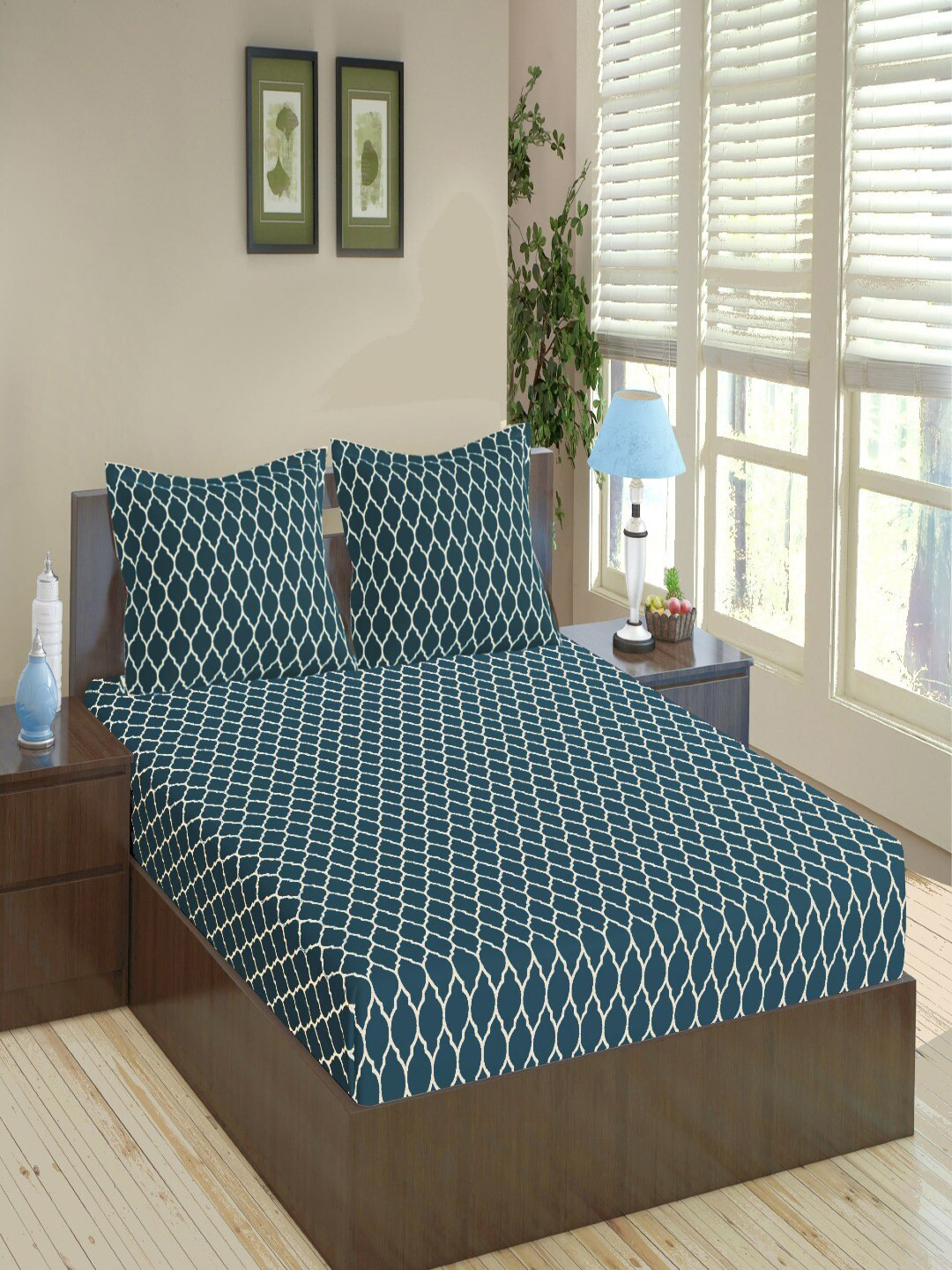 Trance Home Linen Dori Blue Geometric Cotton 210 TC Queen Fine Bedsheet with 2 Pillow Covers-218 x 264 cm