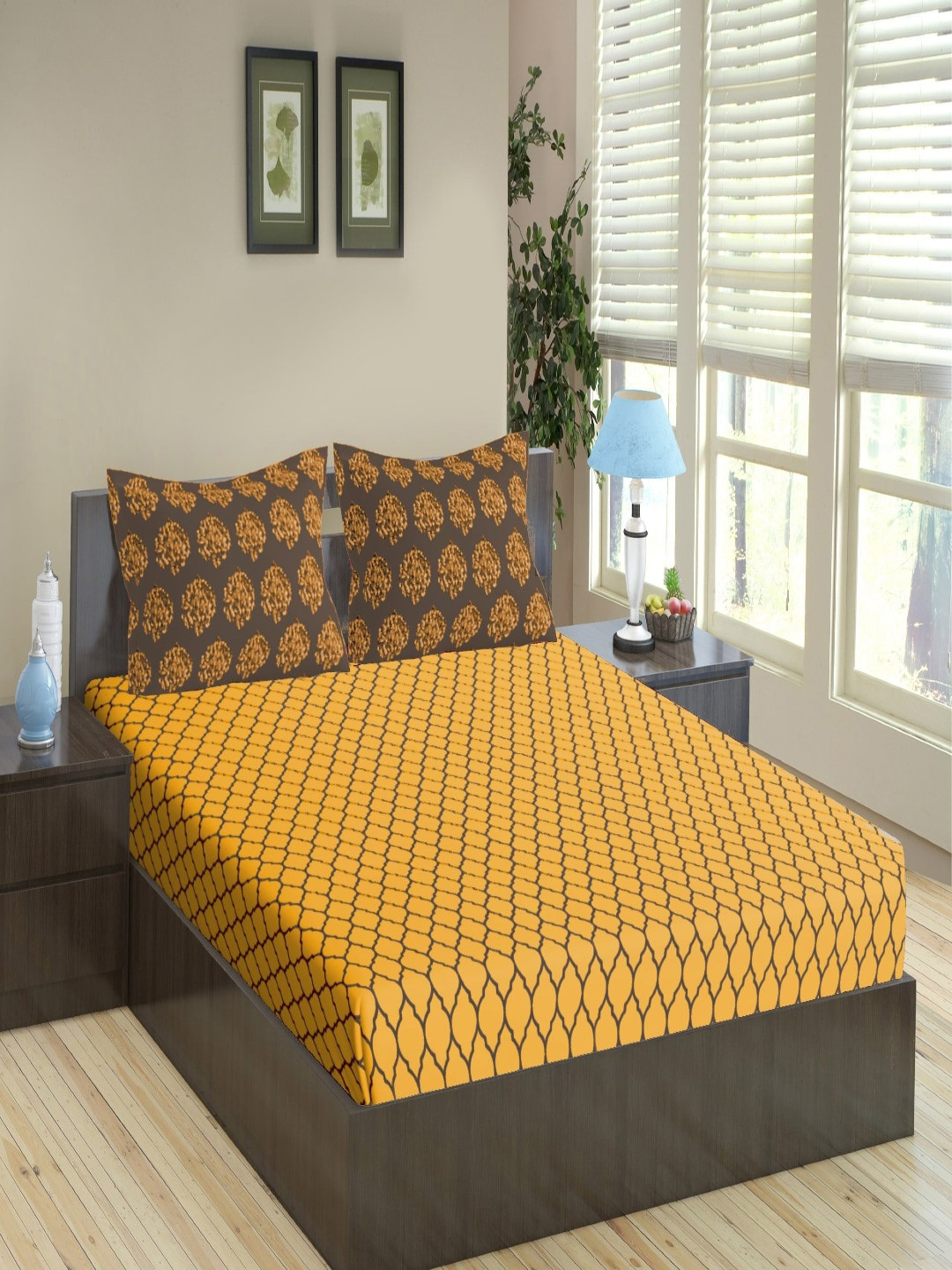 Trance Home Linen Yellow Geometric Cotton 210 TC King Superfine Bedsheet with 2 Pillow Covers-274 x 274 cm