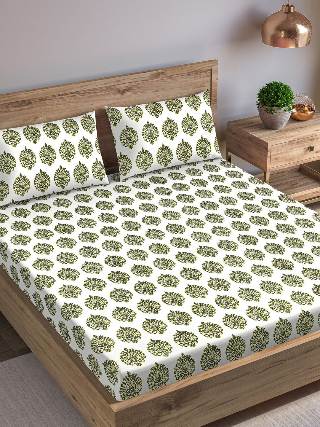 Trance Home Linen Damask Green Ethnic Motifs Cotton 200 TC King Fine Bedsheet with 2 Pillow Covers-108 x 108 inches