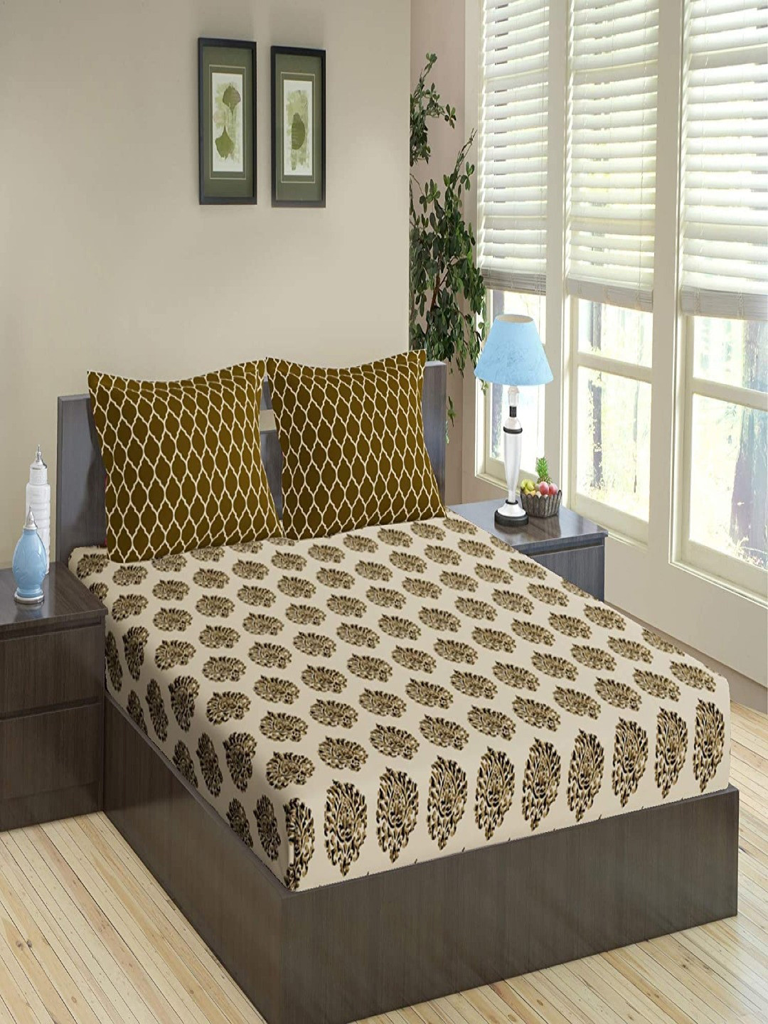 Trance Home Linen Damask &Amp; Dori Green Ethnic Motifs Cotton 200 TC King Fine Bedsheet with 2 Pillow Covers-108 x 108 inches