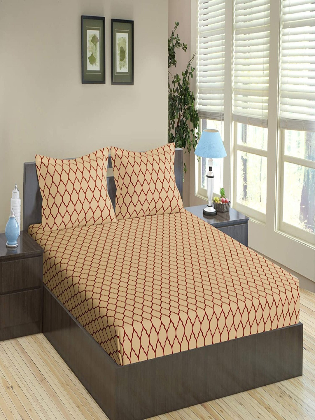 Trance Home Linen Dori Red Geometric Cotton Breathable 210 TC King Fine Bedsheet with 2 Pillow Covers-84 x 78 inches