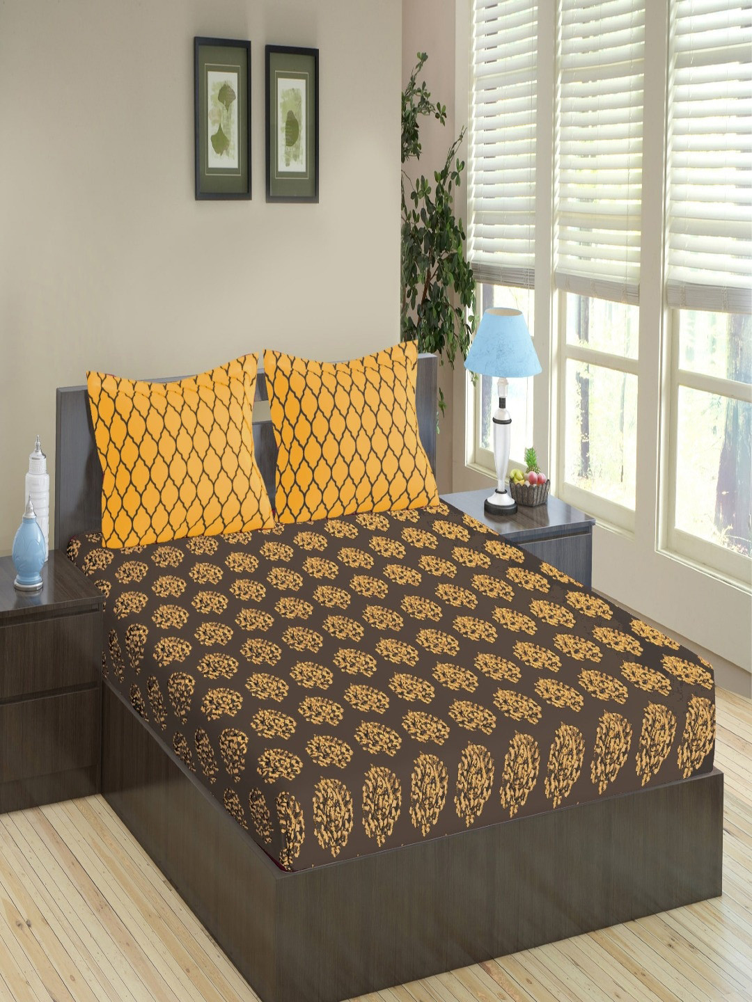 Trance Home Linen Damask &Amp; Dori Yellow Ethnic Motifs Cotton 200 TC King Fine Bedsheet with 2 Pillow Covers-274 x 274 cm