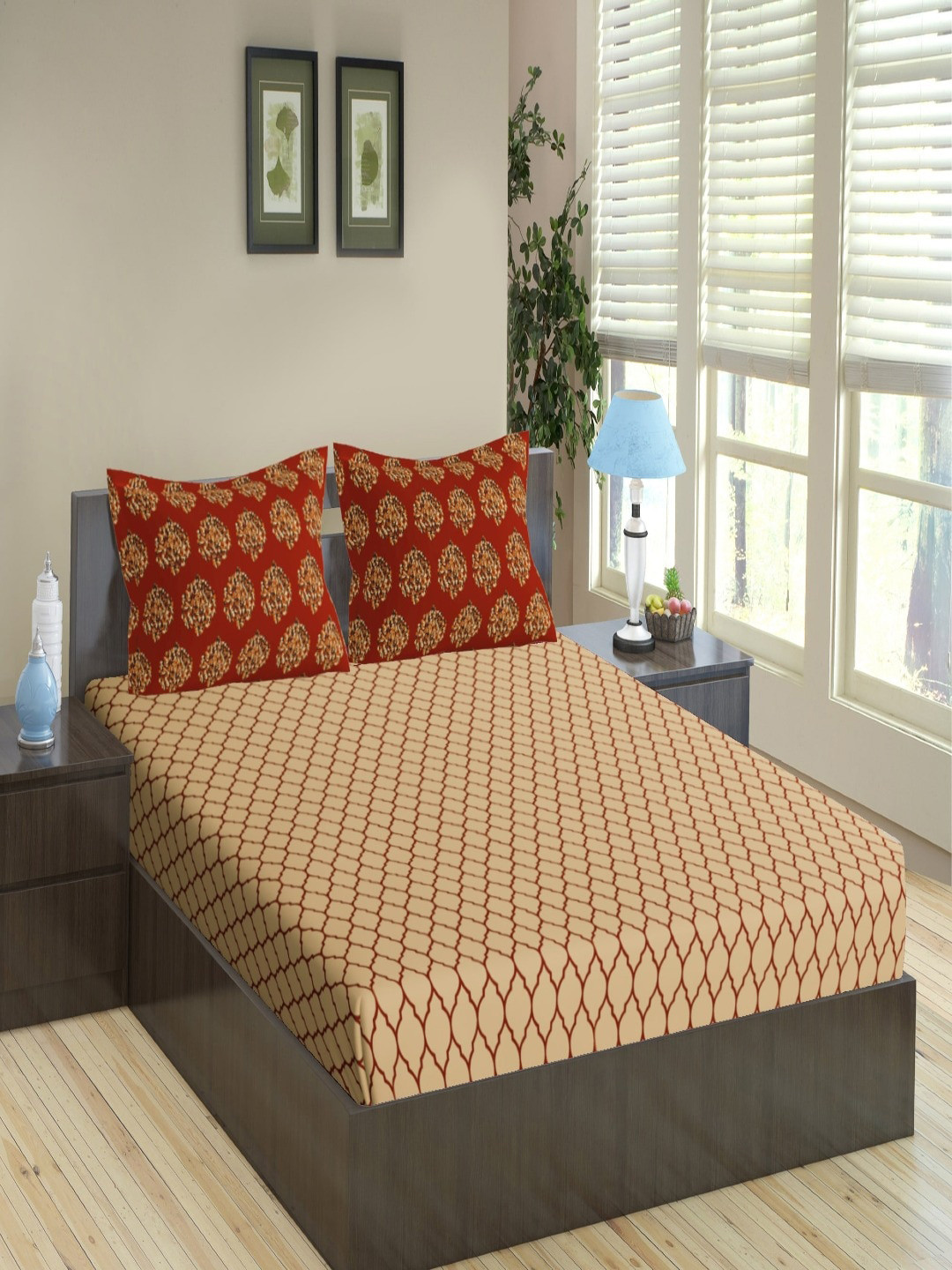 Trance Home Linen Dori And Damask Red Ethnic Motifs Pure Cotton 210 TC King Fine Bedsheet with 2 Pillow Covers-78 x 72 inches
