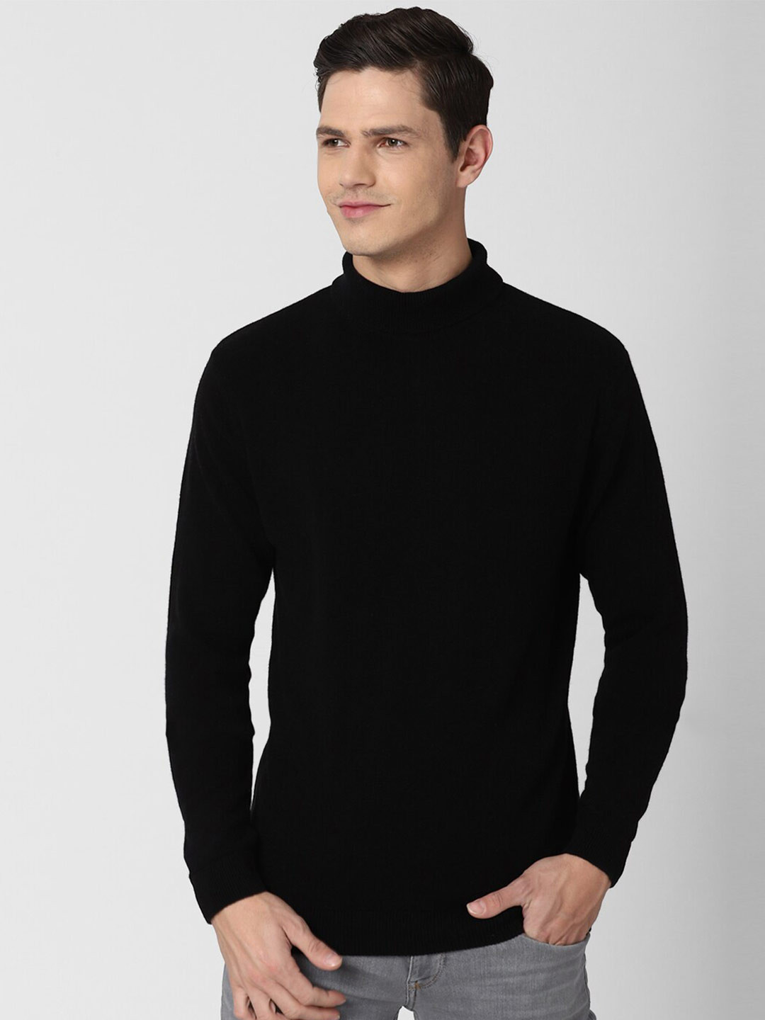 Peter England Casuals Men Black Solid Turtle Neck Pullover