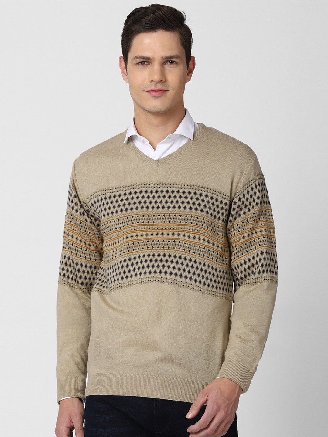 Peter England Casuals Men Beige & Yellow Printed Poncho