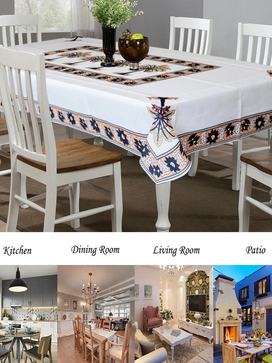 Kuber Industries White & Orange Printed 4 Seater Table Cover