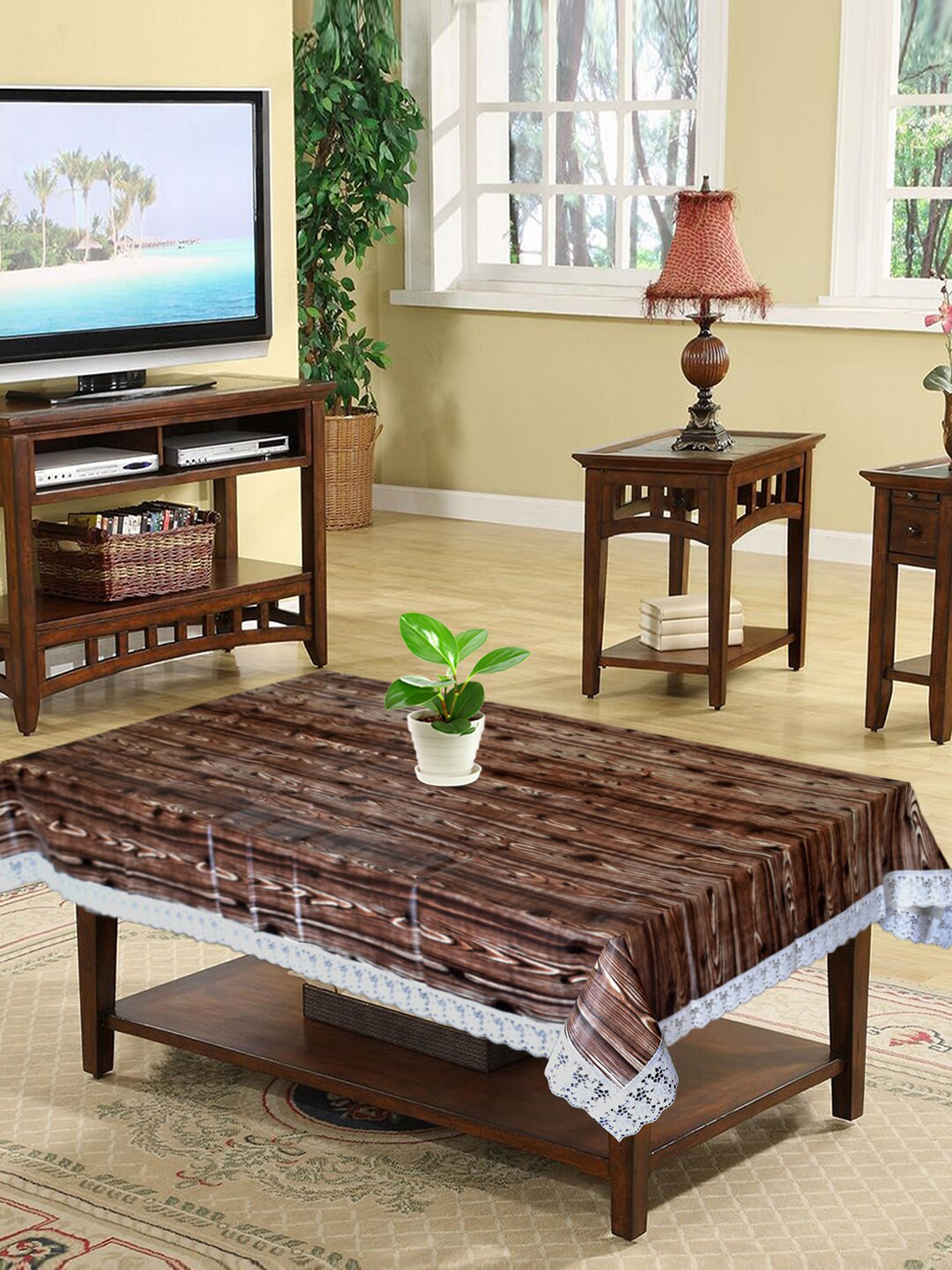 Kuber Industries Brown Printed 4-Seater Rectangle Plastic Table Cover