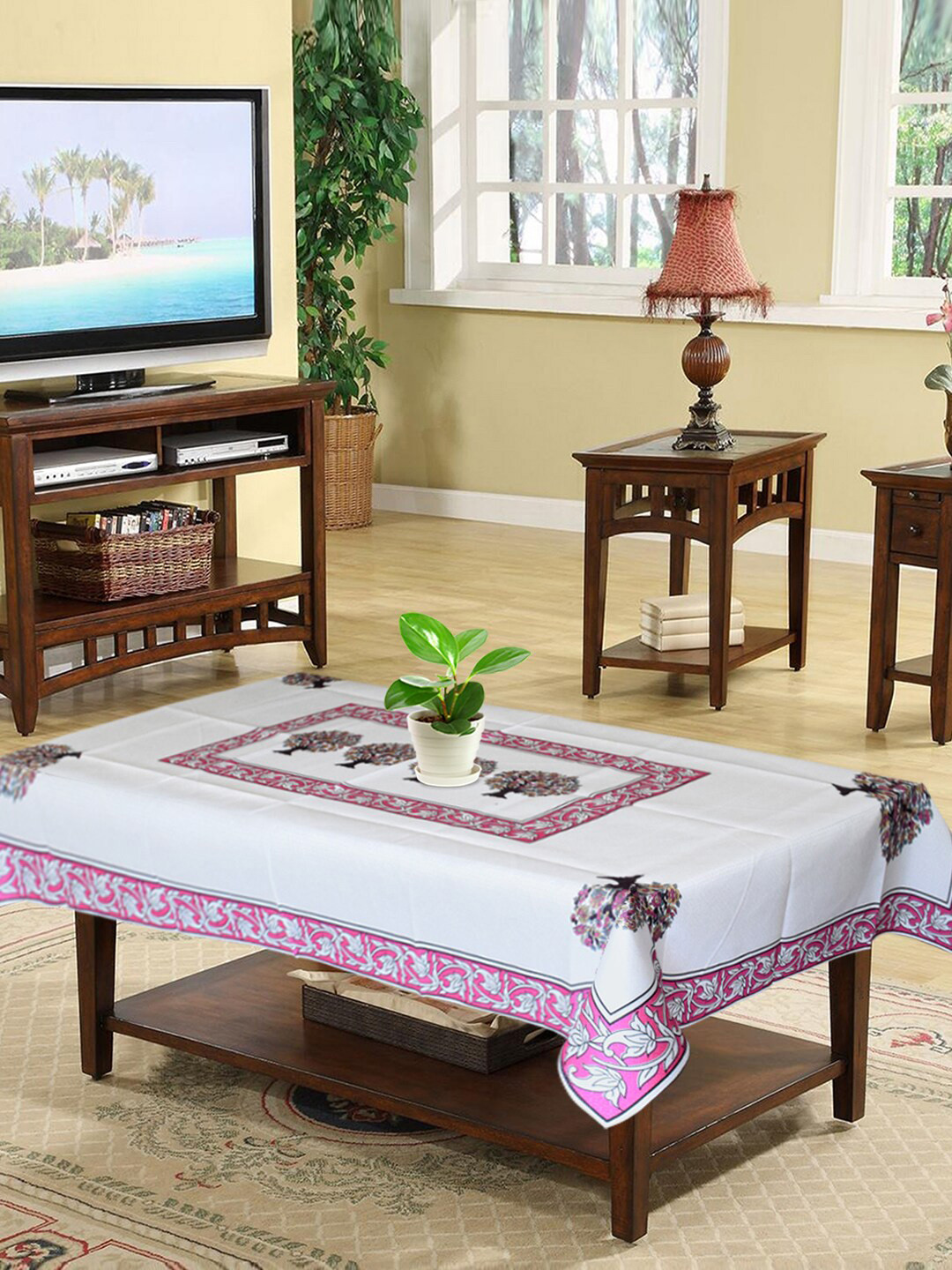 Kuber Industries Pink & White Printed Rectangular 4-Seater Centre Table Cover