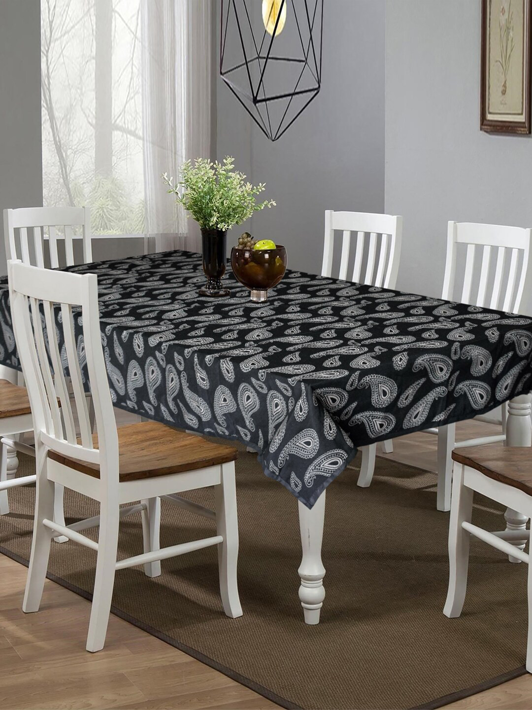 Kuber Industries Black & White Printed 6 Seater Cotton Dining Table Cover
