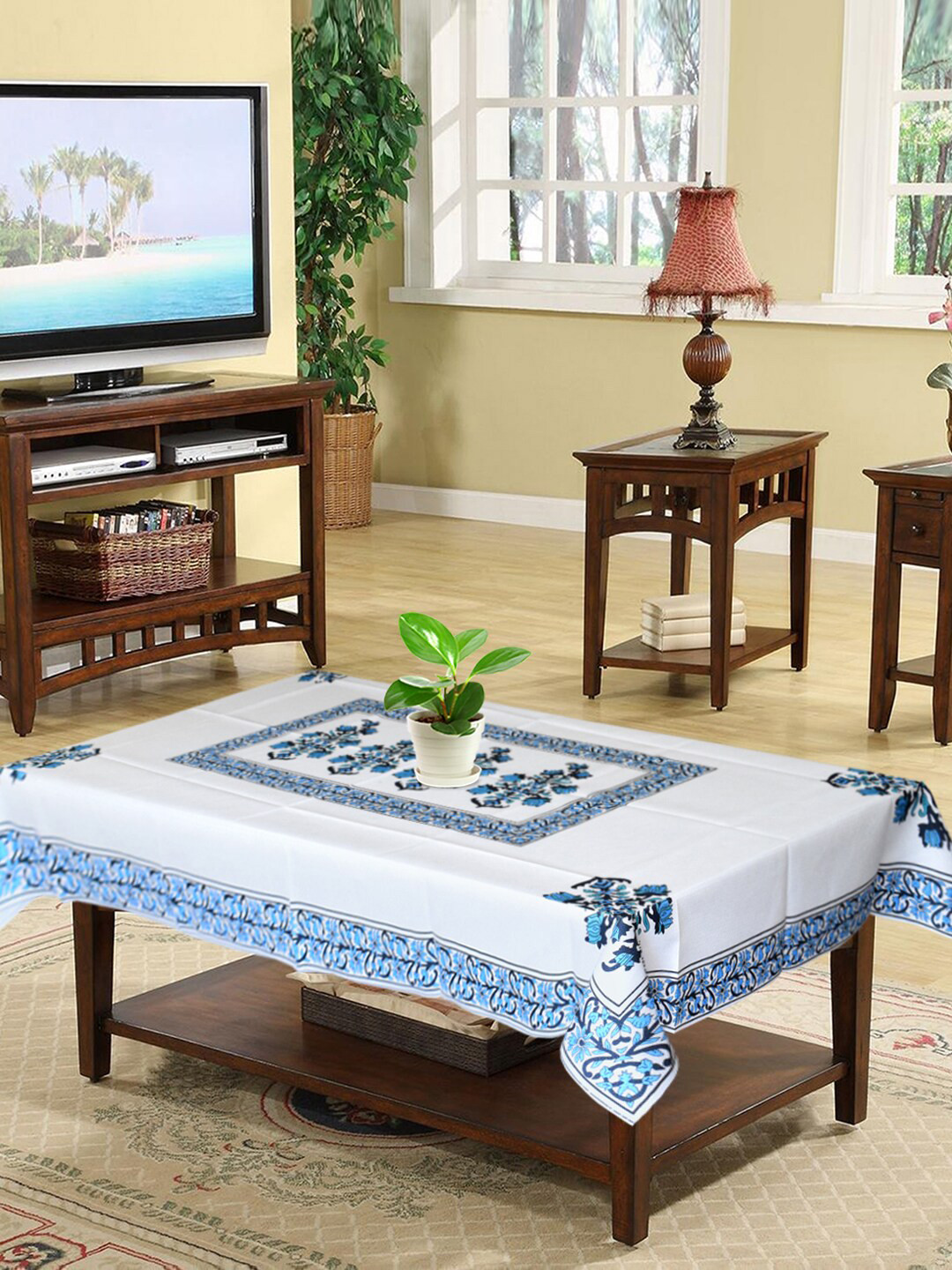 Kuber Industries Blue & White Floral Printed 4-Seater Table Covers