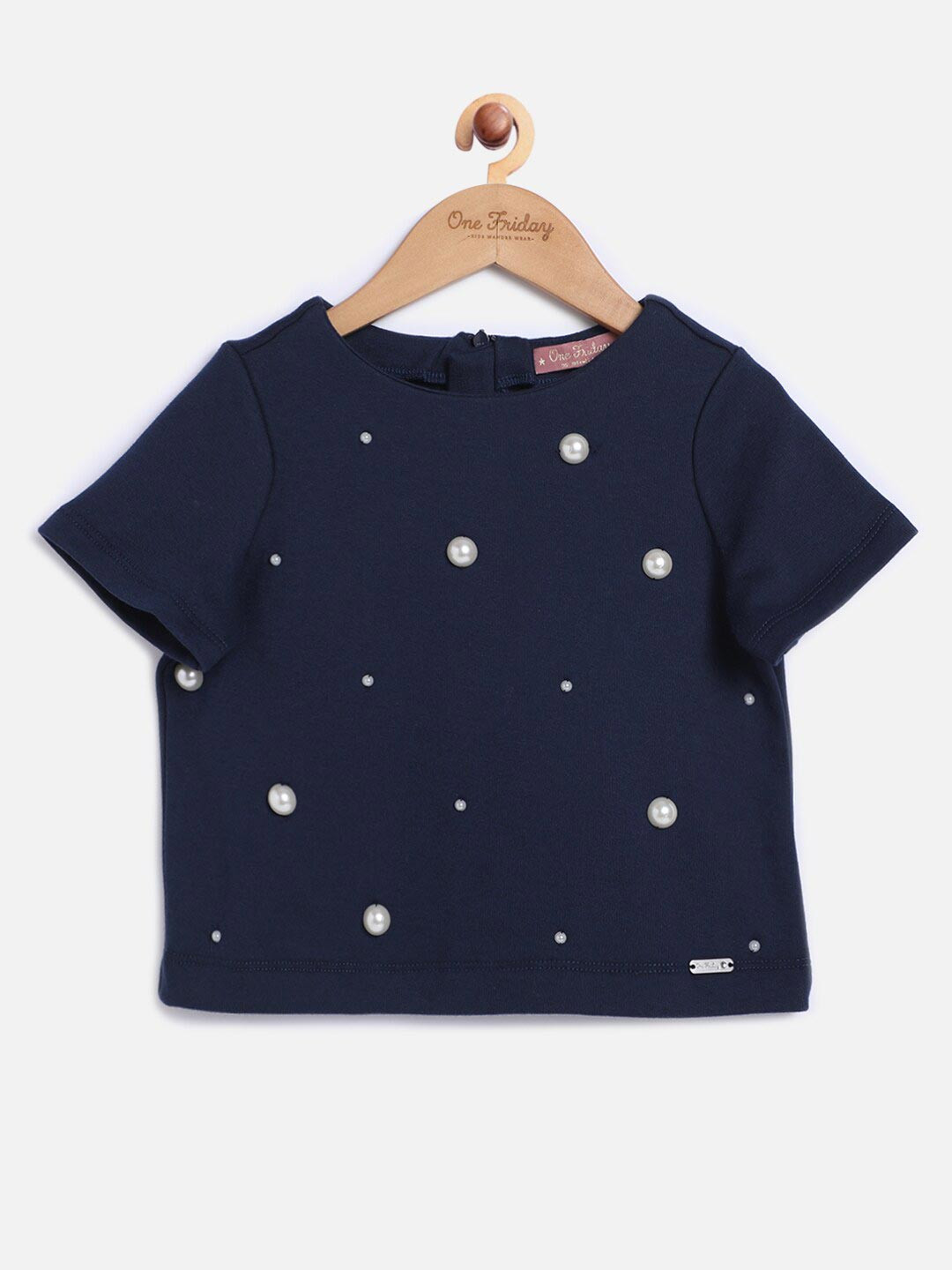 One Friday Girls Navy Blue Embellished Boxy Top