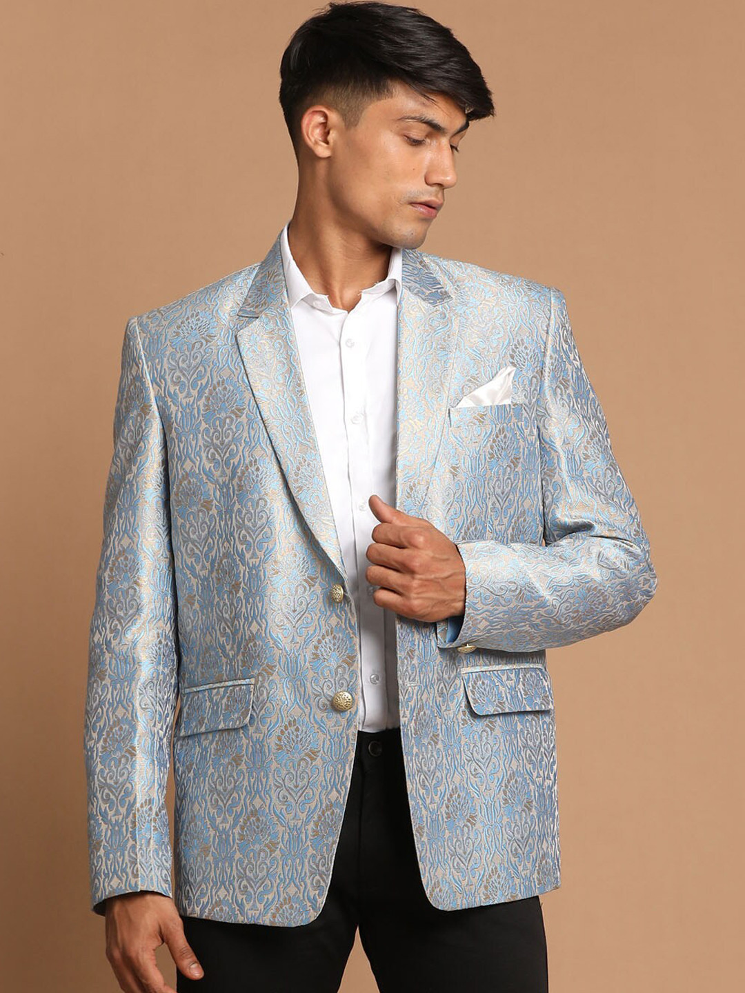 VASTRAMAY Men Grey & Blue Single-Breasted Jacquard Blazer