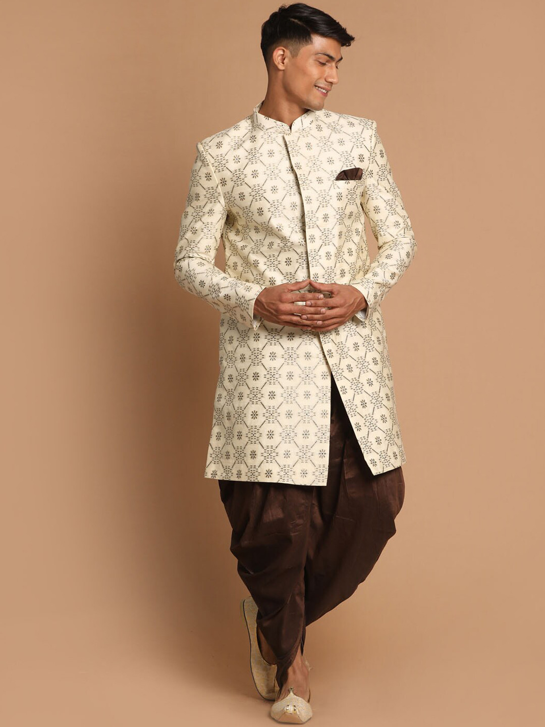 VASTRAMAY Men Beige & Brown Sherwani Set