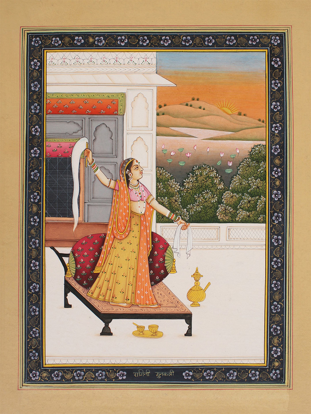 Exotic India Yellow & White Ragini Gunakali Water Colour Wall Art