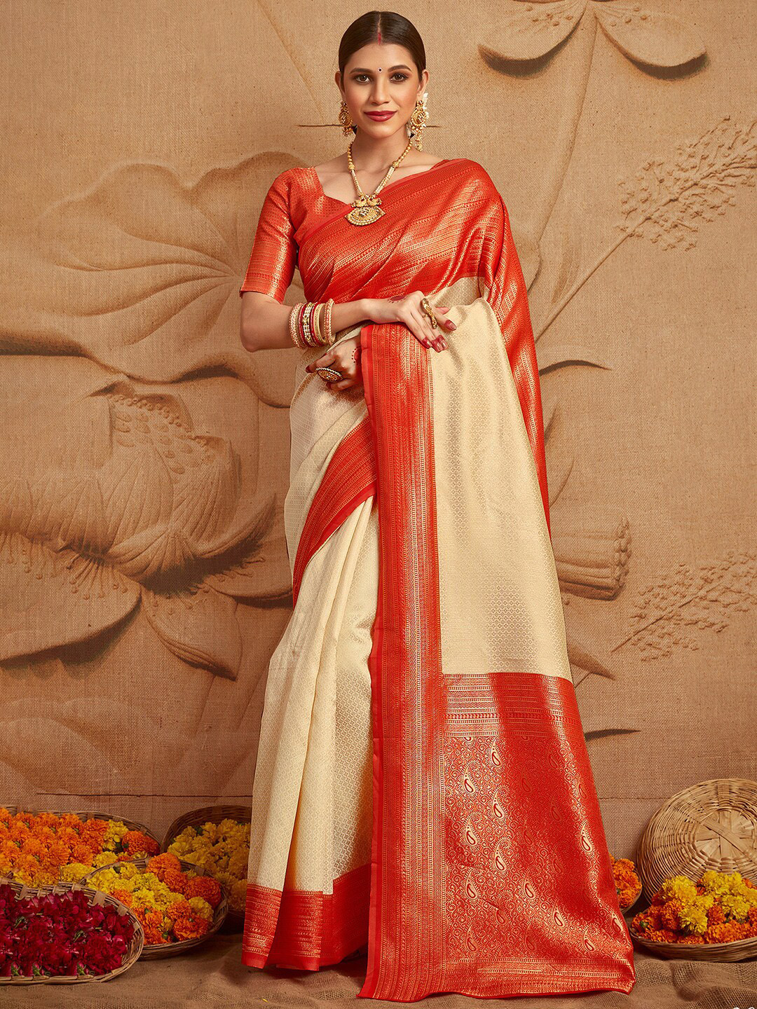 Mitera Off White & Red Paisley Zari Silk Blend Kanjeevaram Saree