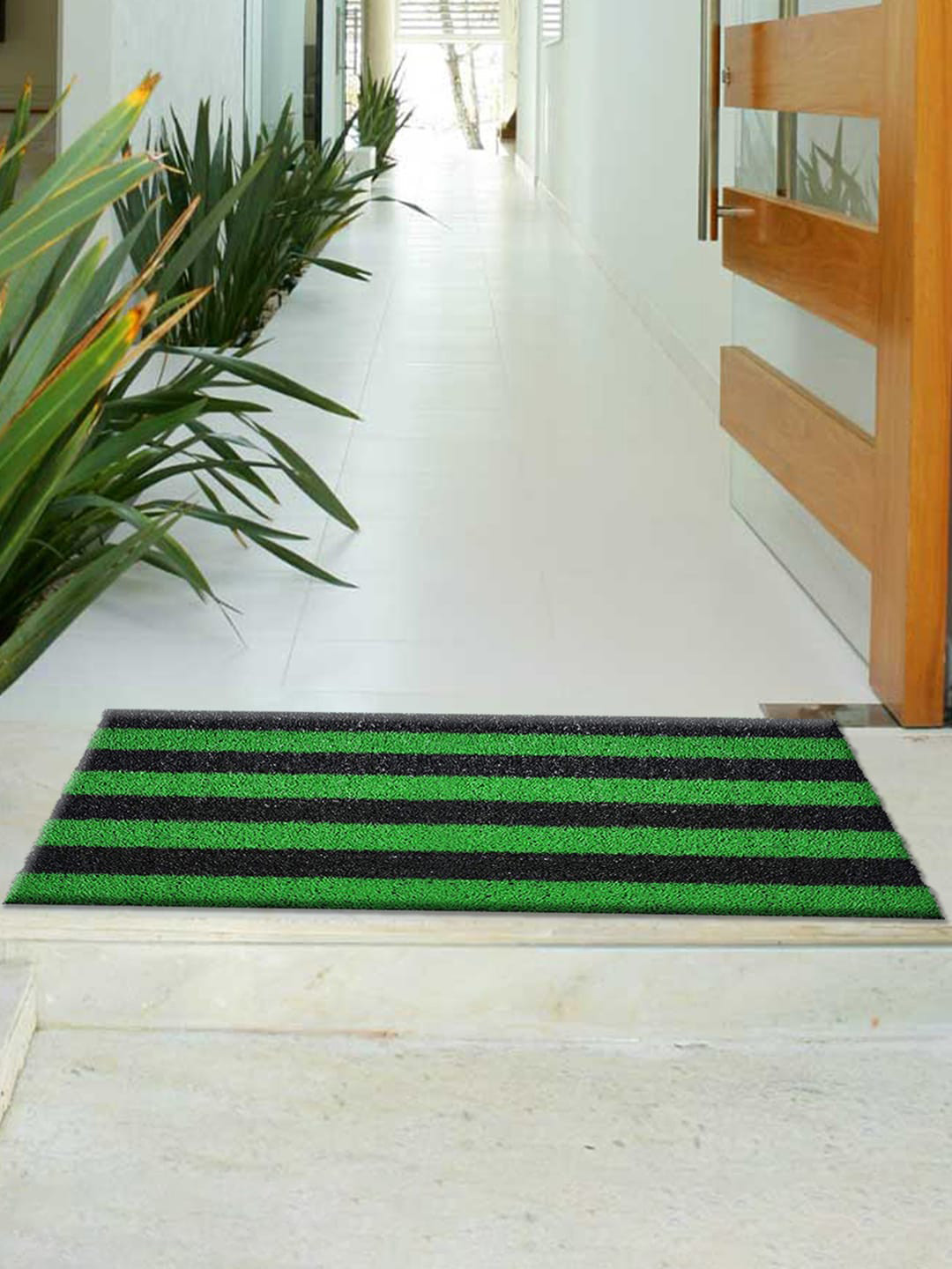 Kuber Industries Green & Black Striped Anti-Skid Doormat