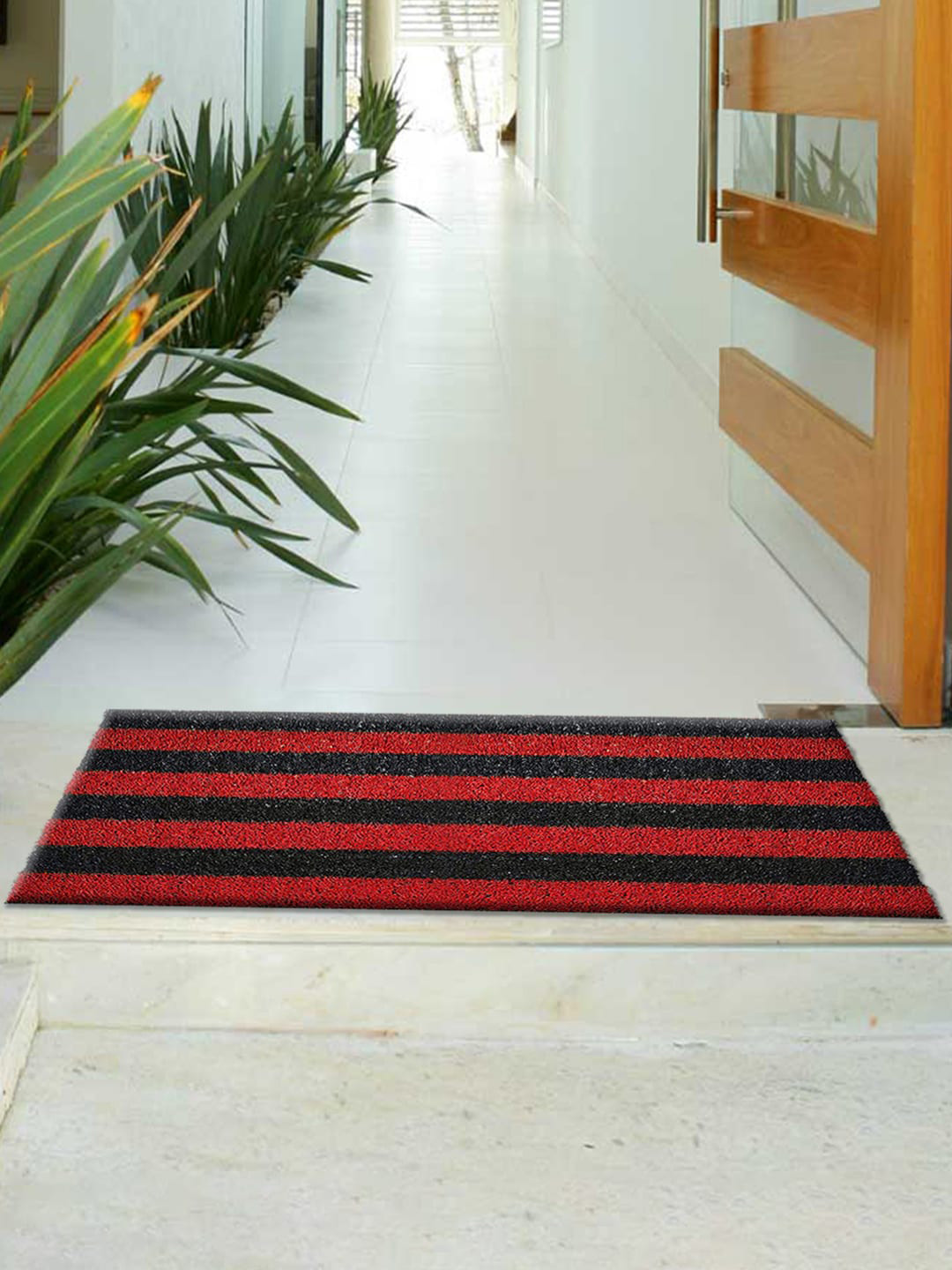 Kuber Industries Red & Black Striped Anti-Skid Doormat