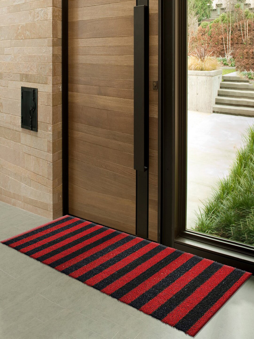 Kuber Industries Red & Black Striped Anti-Skid Doormat