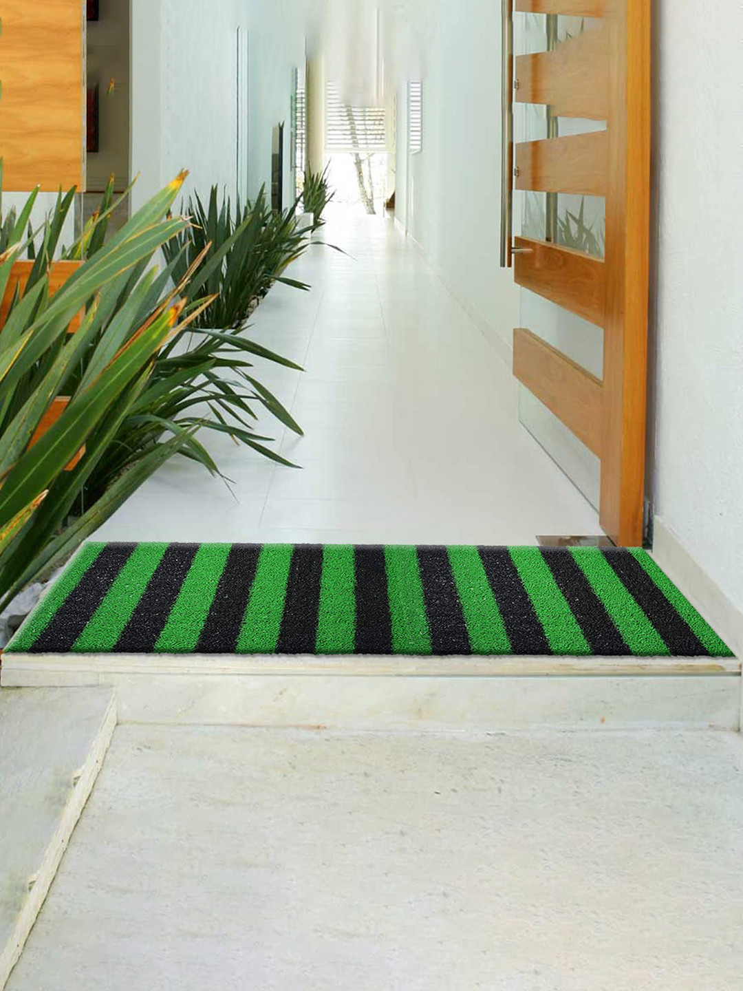 Kuber Industries Green & Black Striped Anti-Skid Doormats