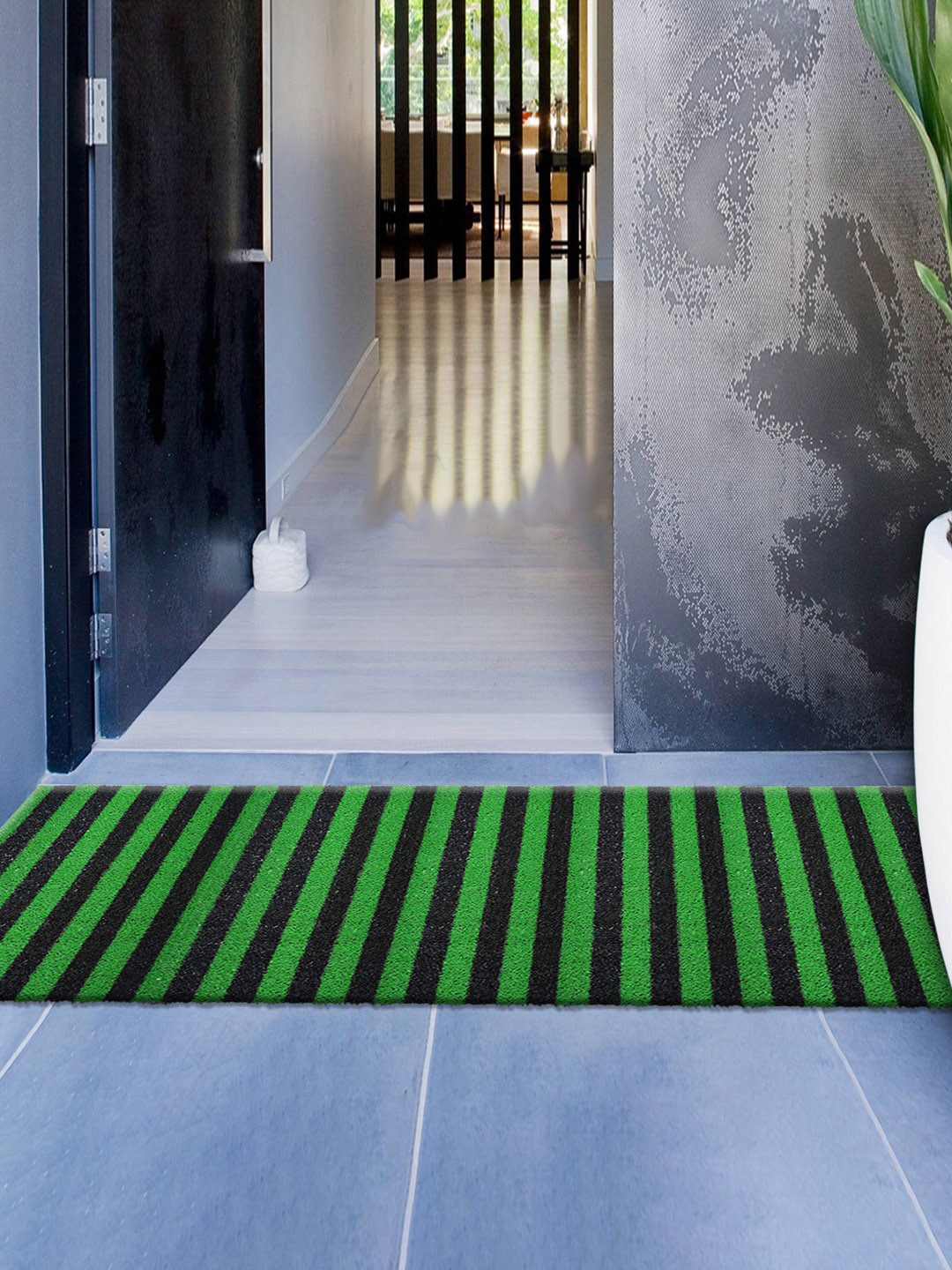 Kuber Industries Green & Black Striped Rectangular Doormat