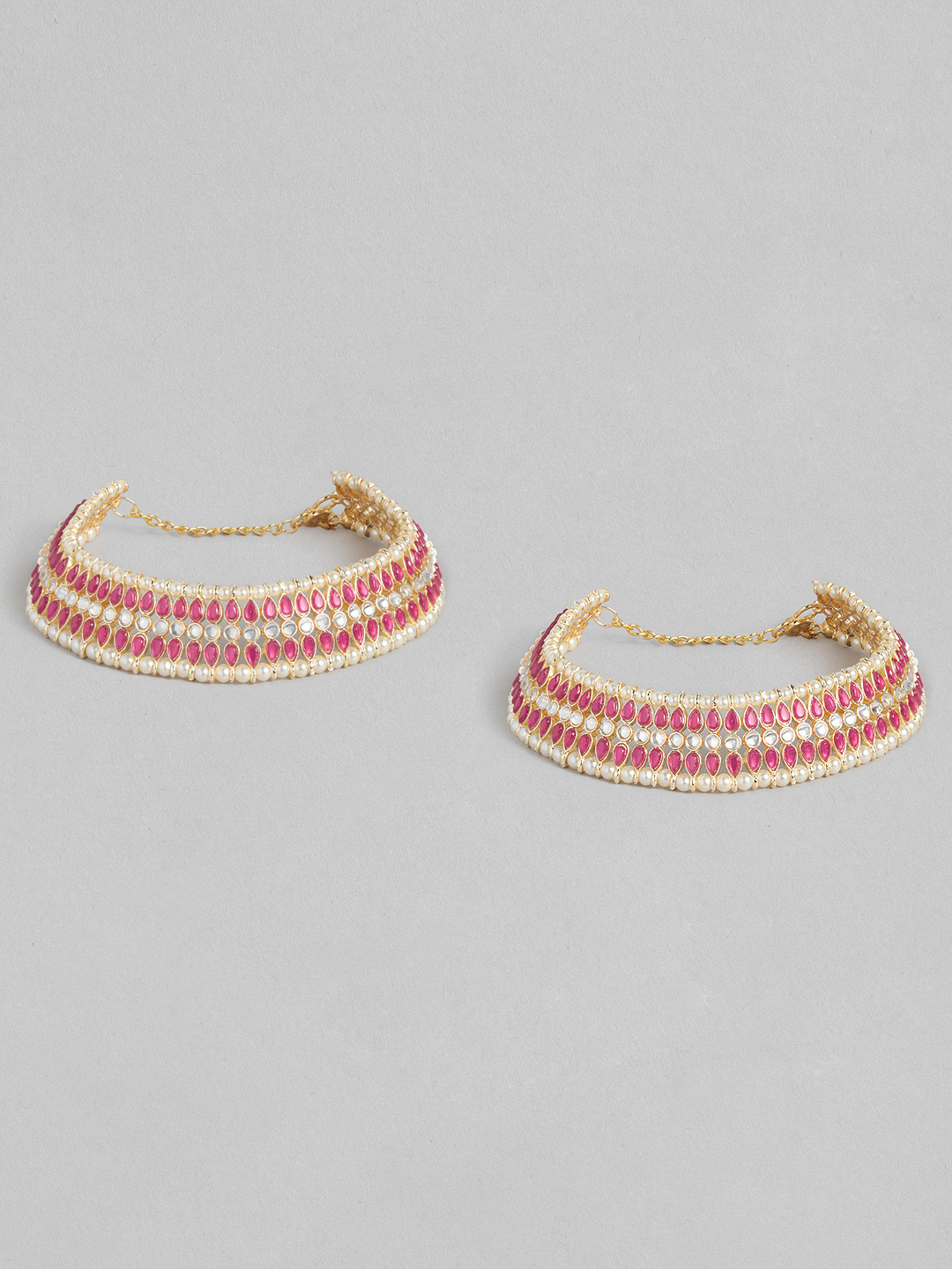 I Jewels Set Of 2 Gold-Plated Pink Kundan & Pearl Studded Anklets