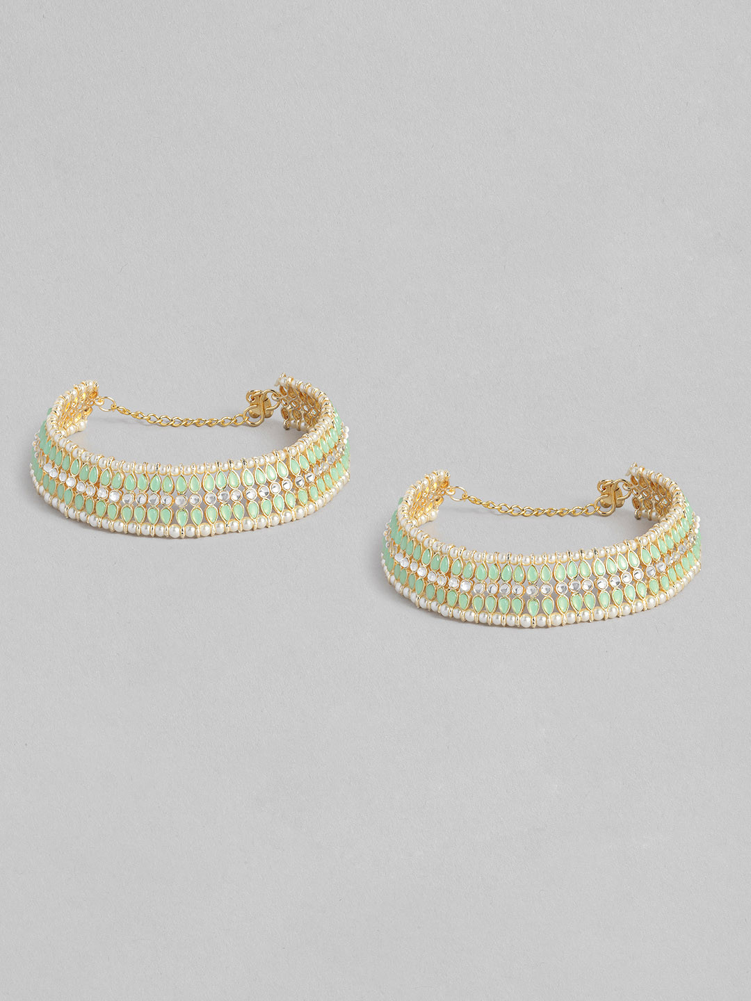 I Jewels Set Of 2 Gold-Plated & Sea Green Kundan & Pearl Studded Anklets