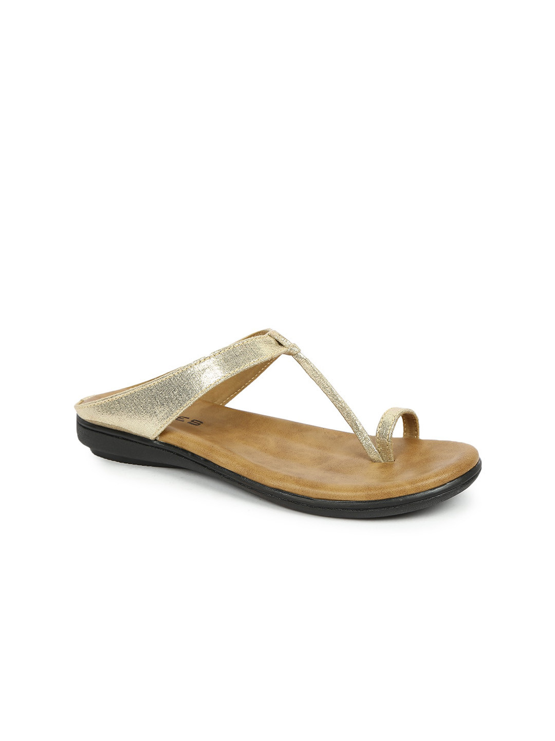 SOLES Women Gold-Toned Ethnic T-Strap Flats