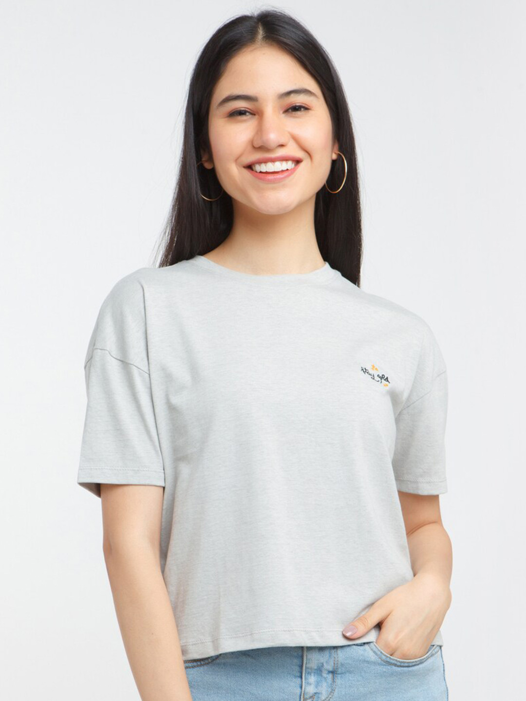 Zink London Women Grey Solid T-shirt