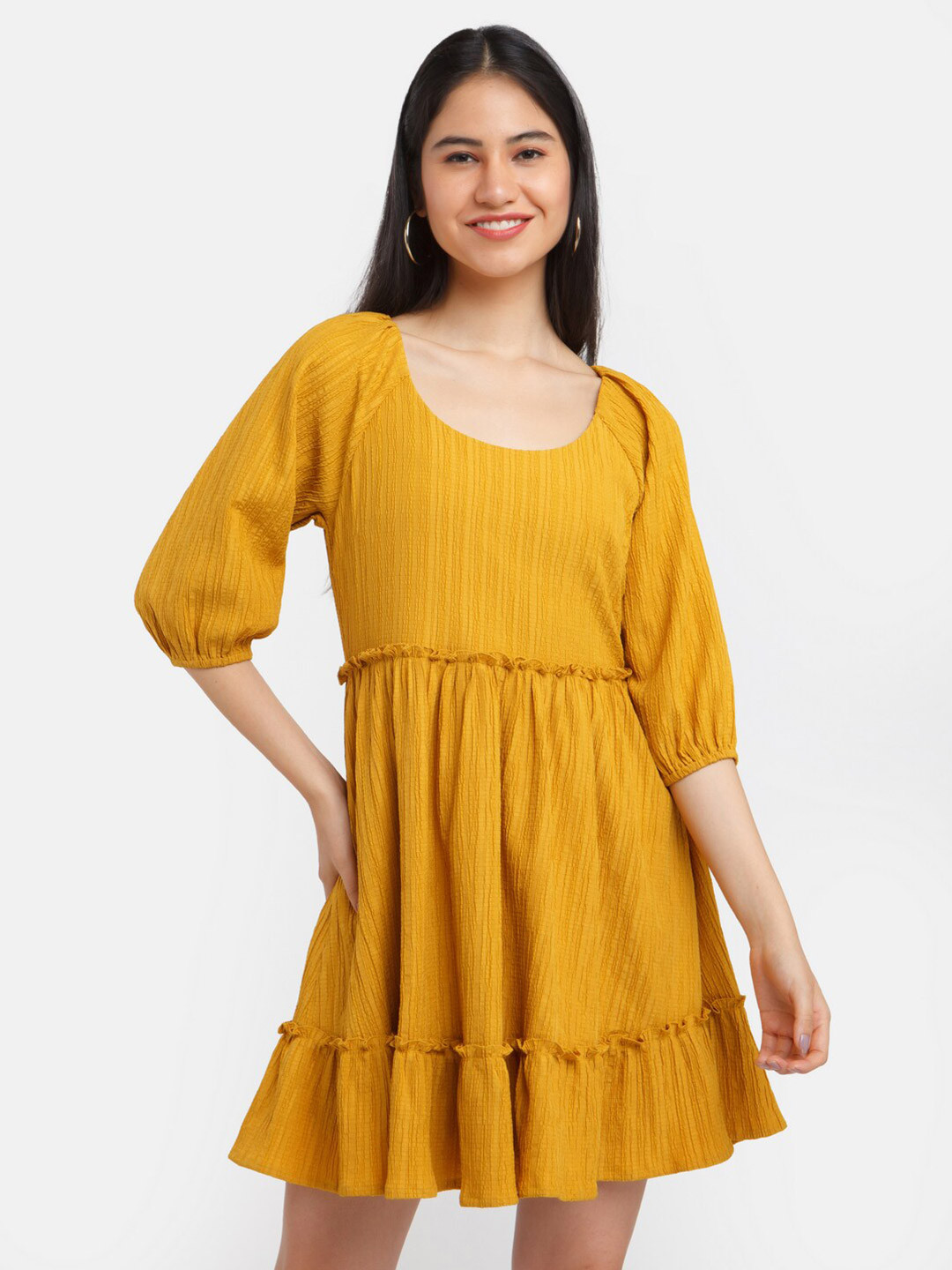 Zink London Women Yellow Solid Round Neck Ruffles Dress