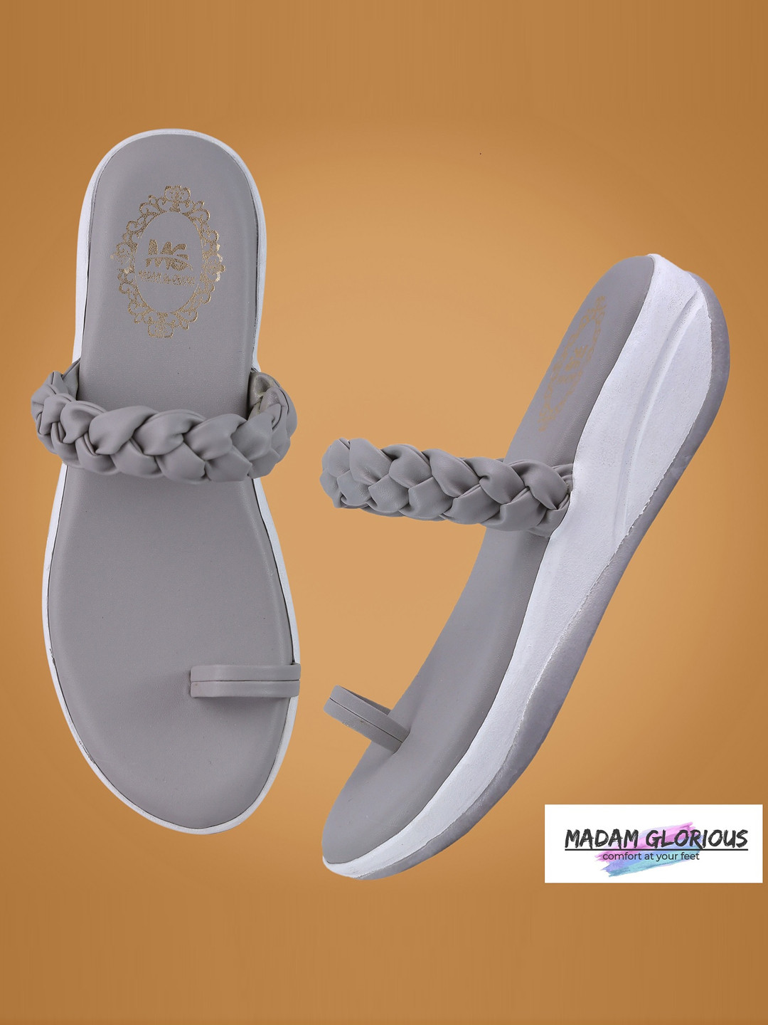 madam glorious Grey Woven Design Flatform Heels