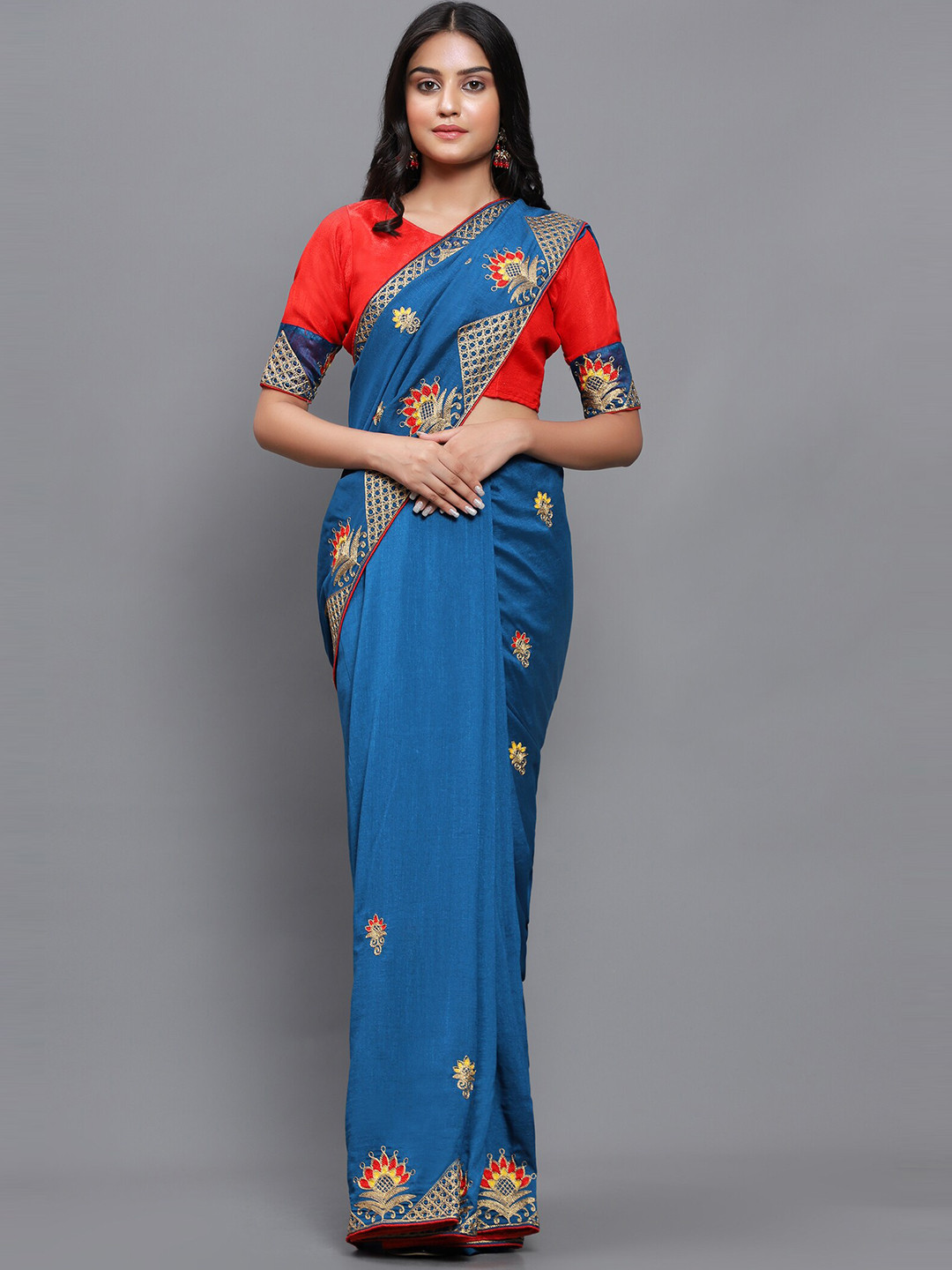 3BUDDY FASHION Turquoise Blue & Red Floral Embroidered Jute Silk Venkatgiri Saree
