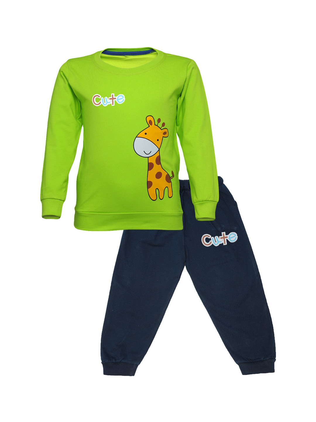 CATCUB Unisex Kids Lime Green & Navy Blue Printed T-shirt with Trousers