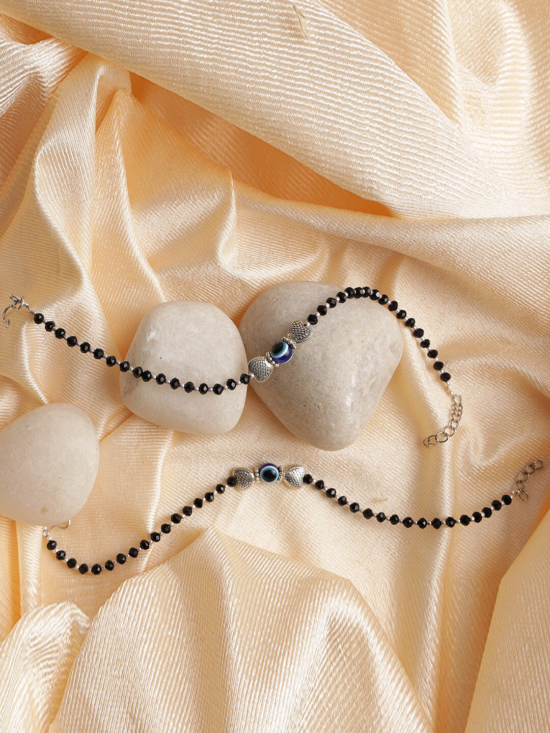 Jazz and Sizzle Set of 2 Silver-Plated Black Crystal Studded Evil Eye Handcrafted Anklet