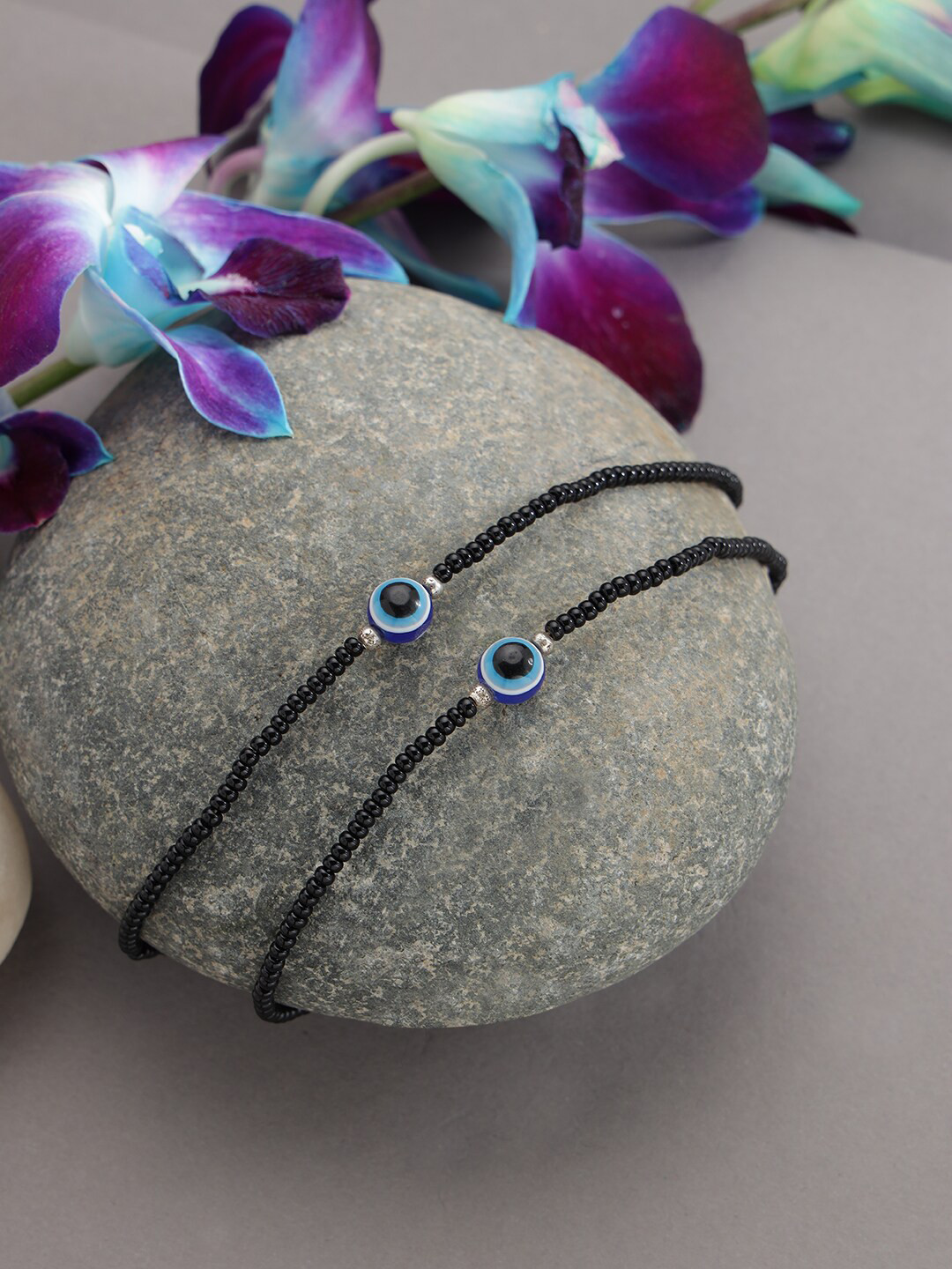 Jazz and Sizzle Set Of 2 Silver-Plated & Black Evil Eye Anklets