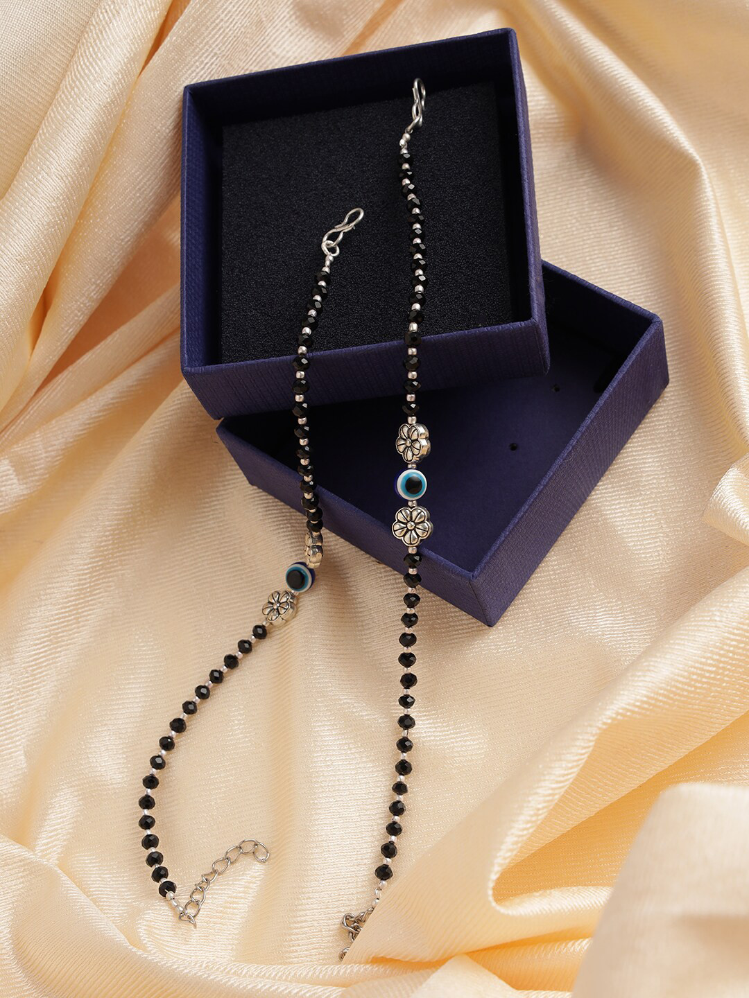 Jazz and Sizzle Women Set Of 2 Silver-Plated Black Anklet