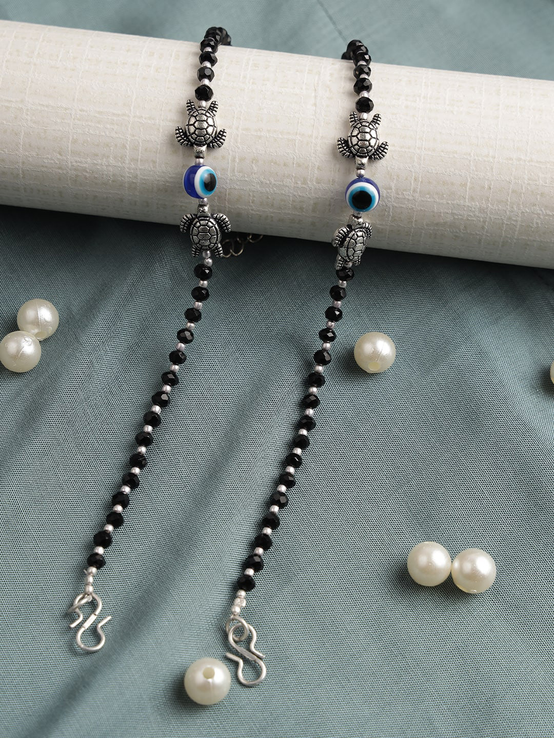 Jazz and Sizzle Set Of 2 Oxidised Silver-Plated Black Beaded Tortoise & Evil Eye Anklet