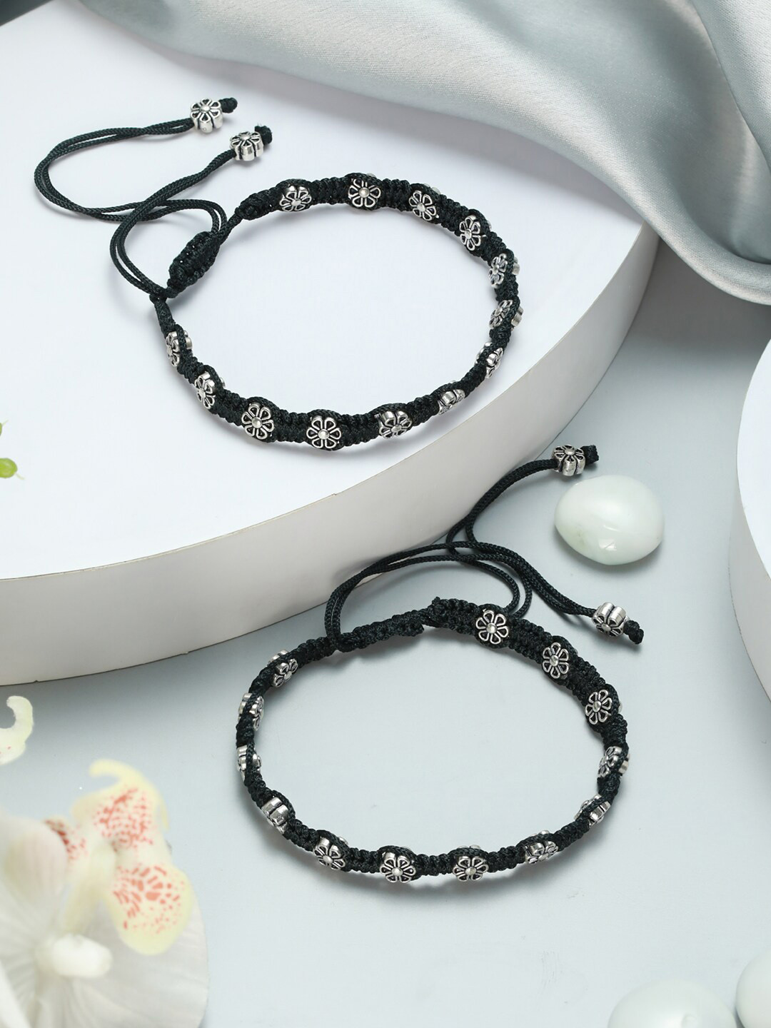 Jazz and Sizzle Set Of 2 Silver-Plated & Black Threaded Anklets