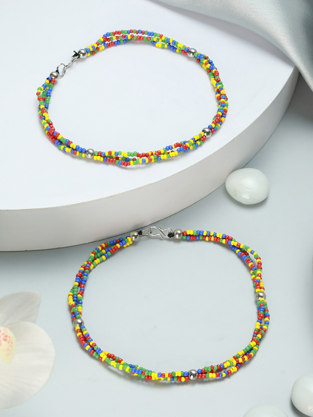Jazz and Sizzle Set Of 2 Silver-Plated Blue & Yellow Beaded Anklets