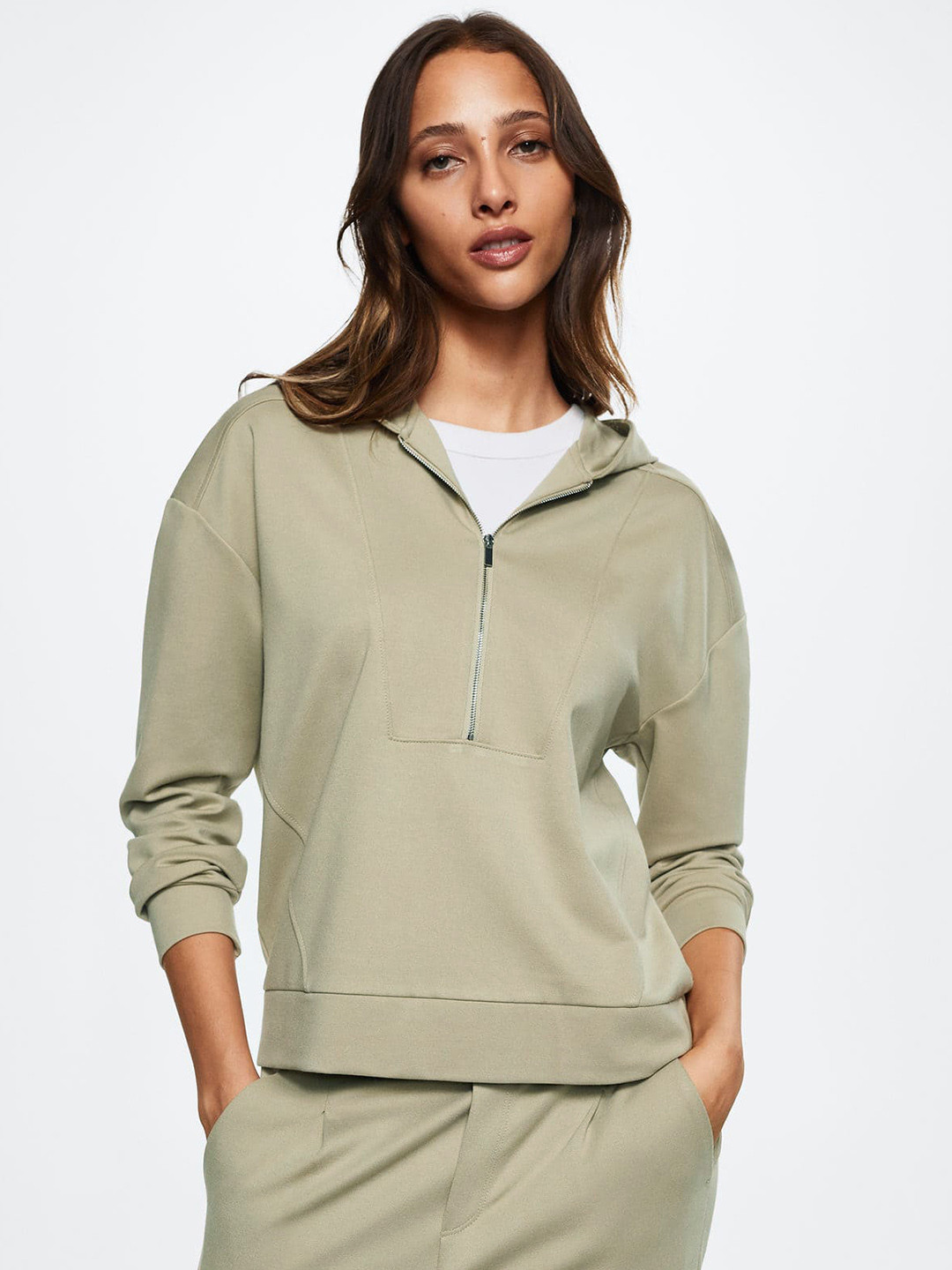 MANGO Women Beige Solid Hooded Sustainable Sweatshirt