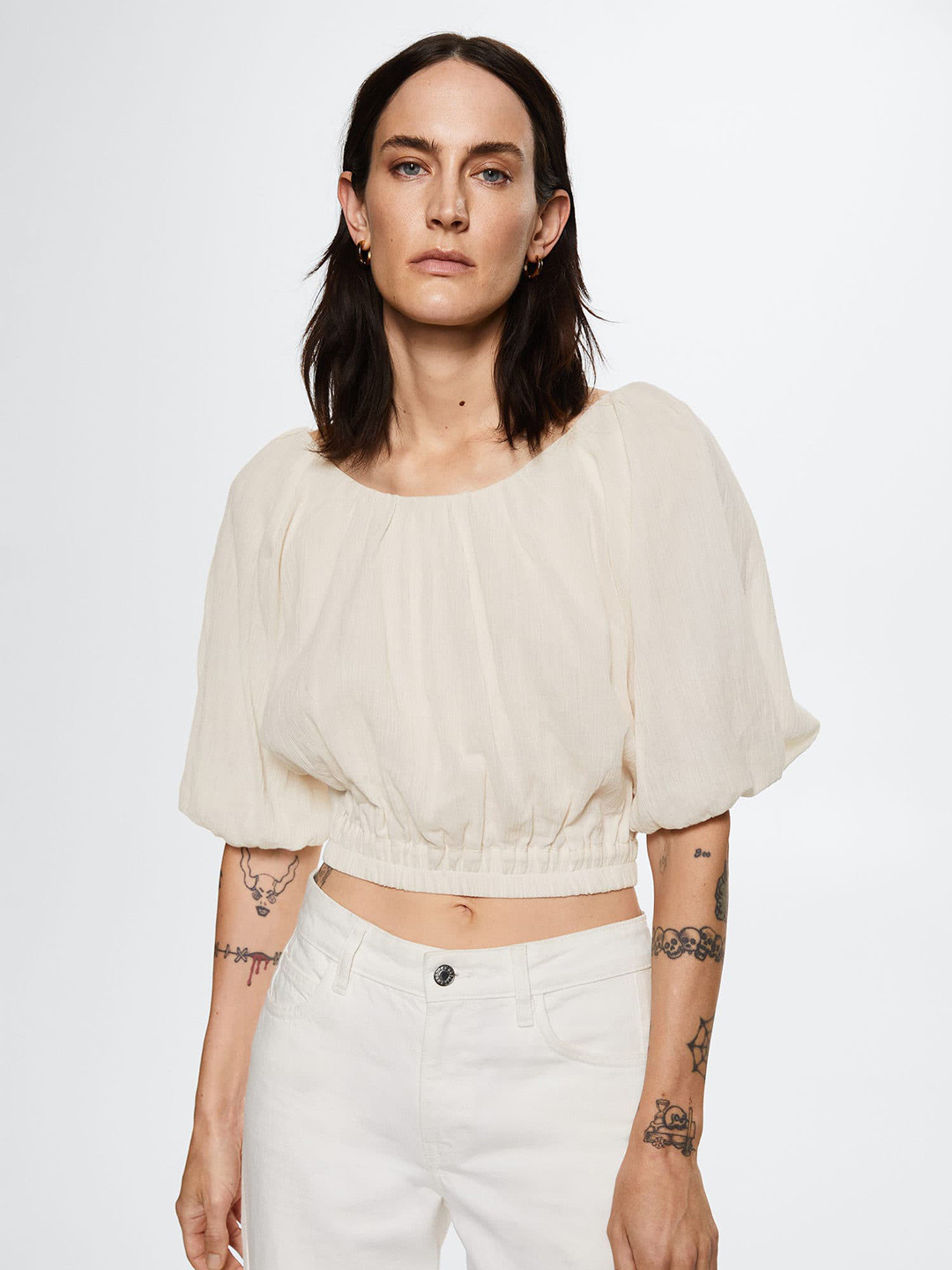 MANGO Puff Sleeves Cotton Blouson Crop Top
