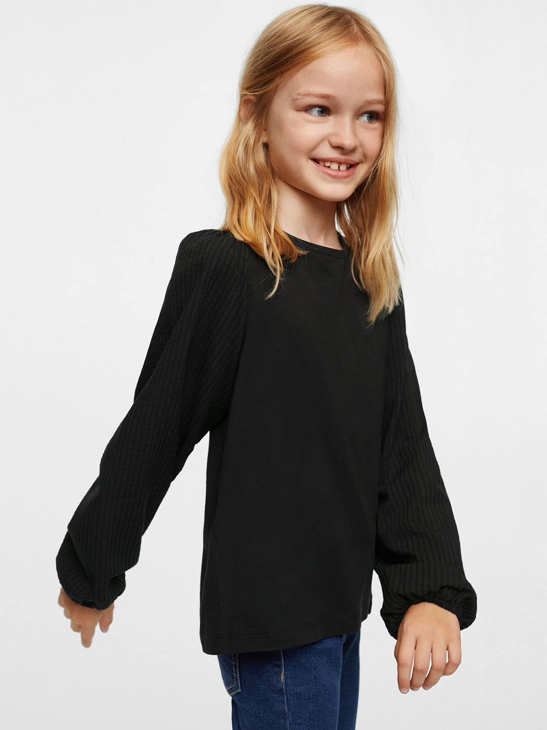 Mango Kids Girls Solid Puff Sleeves Sustainable T-shirt