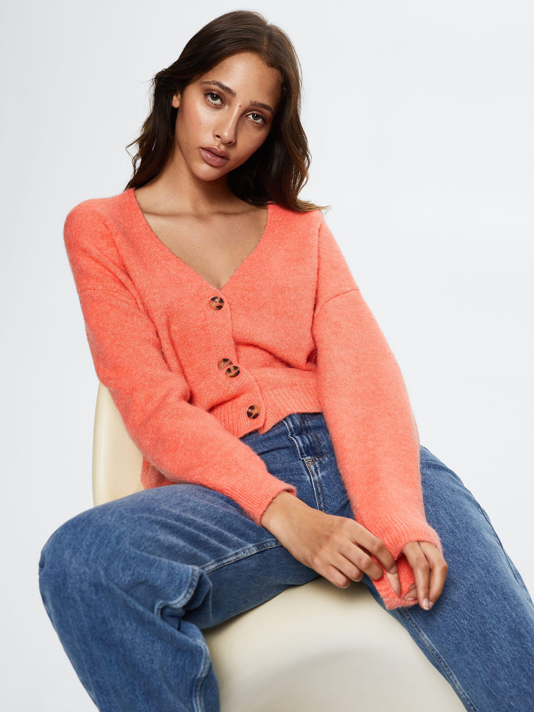 MANGO Women Coral Orange Solid Sustainable Cardigan with Fuzzy Detail