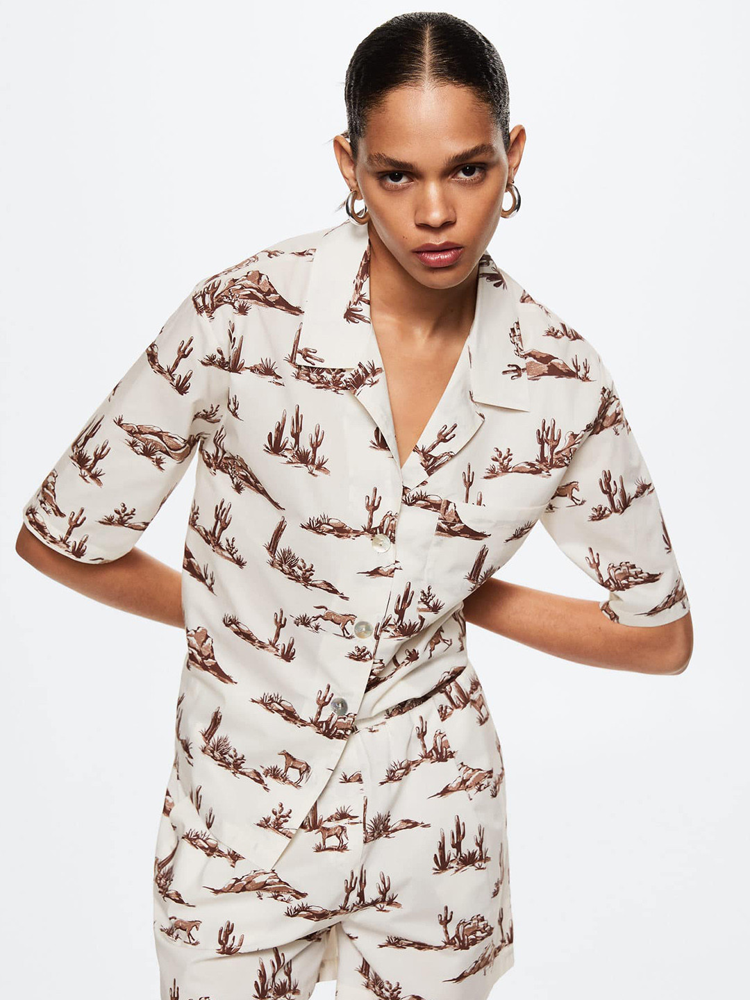 MANGO Women Off White & Coffee Brown Floral Printed Cotton Casual Shirt