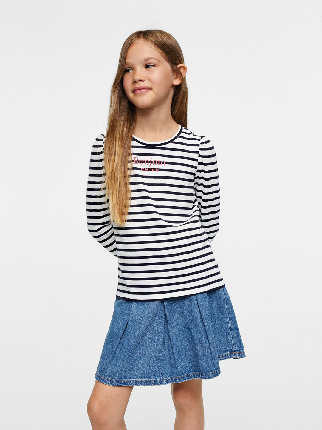 Mango Kids Girls White & Navy Blue Pure Cotton Striped T-shirt