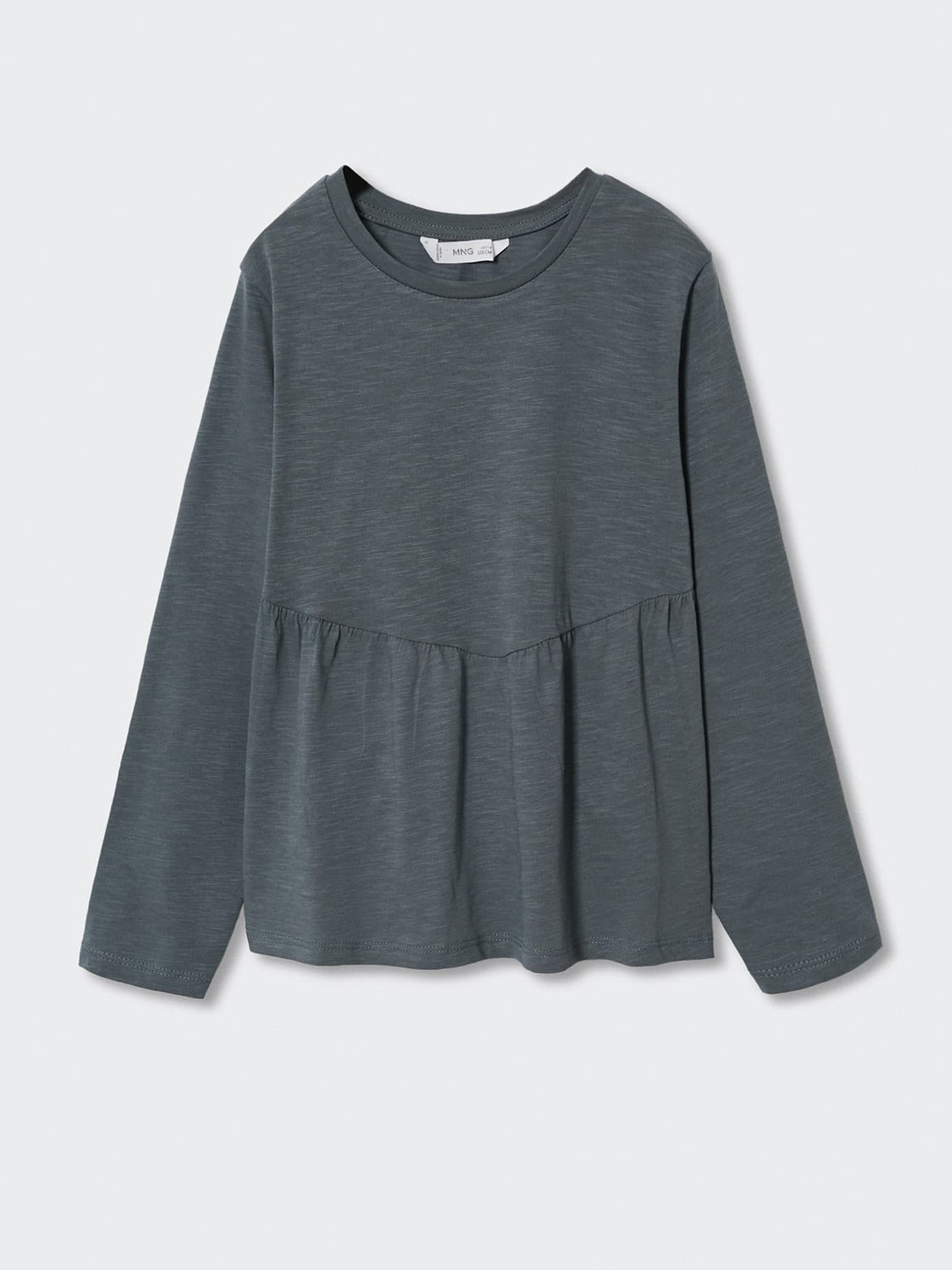 Mango Kids Girls Grey Solid Pure Cotton Long Sleeves T-shirt